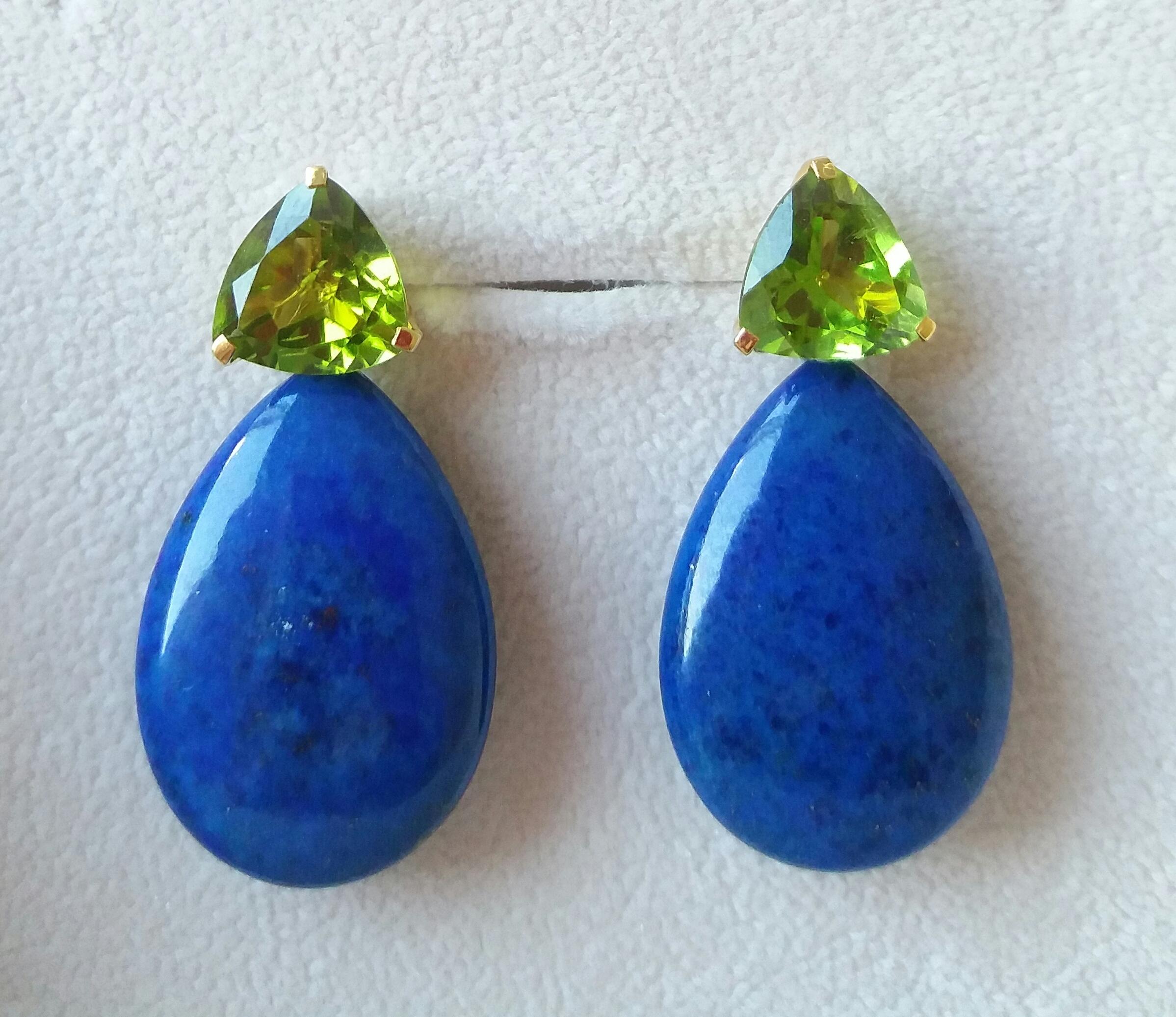 Women's Trillion Cut Peridot Lapis Lazuli Plain Drops 14 kt Solid Yellow Gold Earrings For Sale