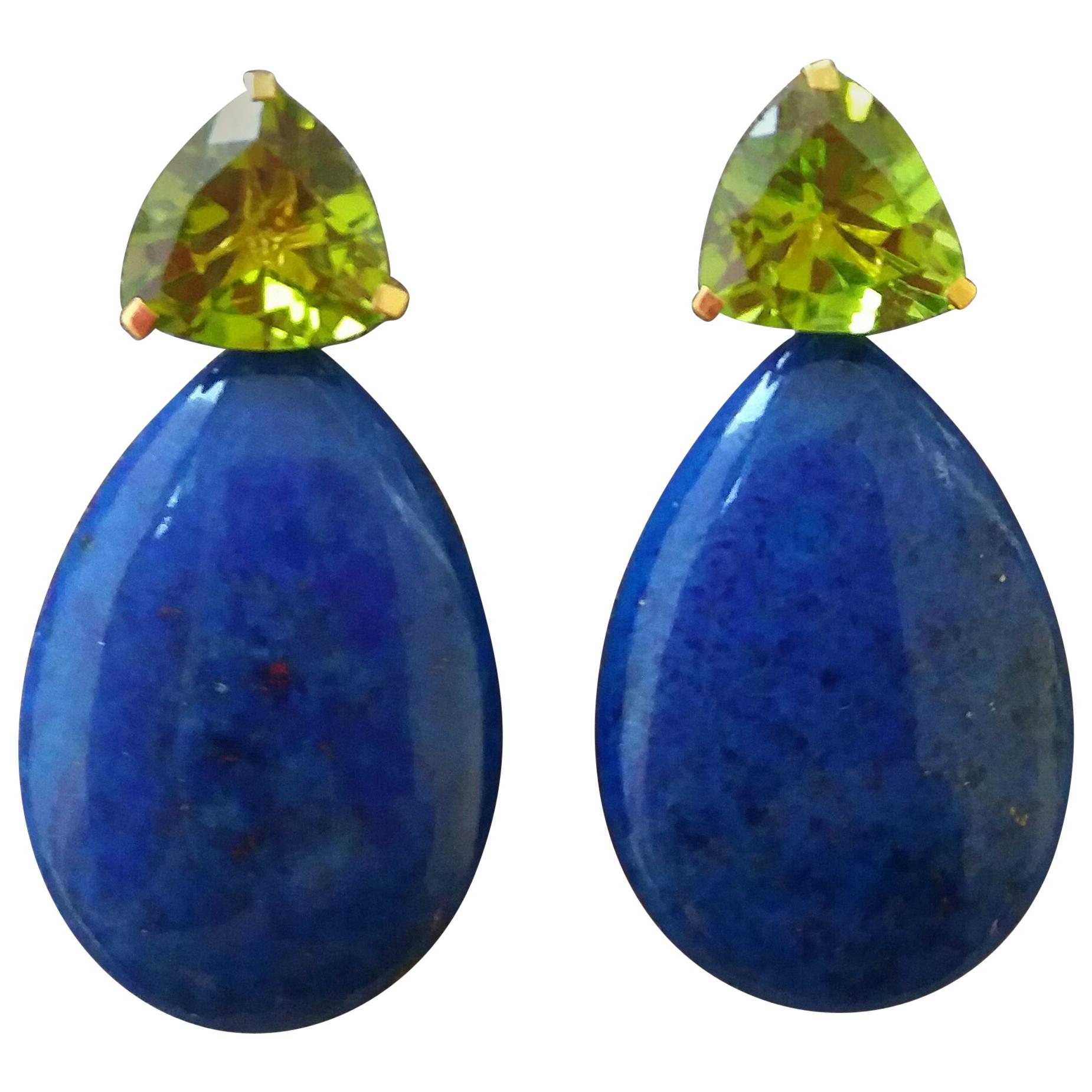 Trillion Cut Peridot Lapis Lazuli Plain Drops 14 kt Solid Yellow Gold Earrings
