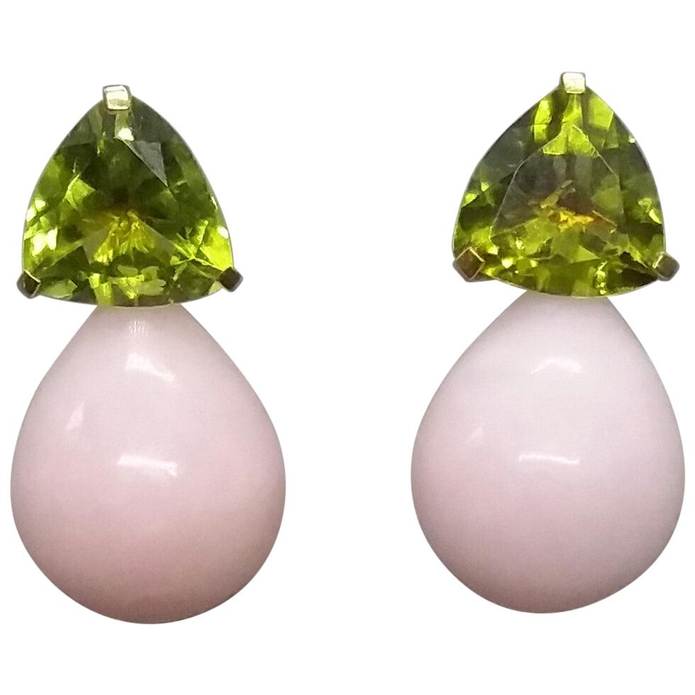 Pendientes de oro amarillo macizo de 14 quilates con gotas lisas de ópalo rosa peridoto talla trillón