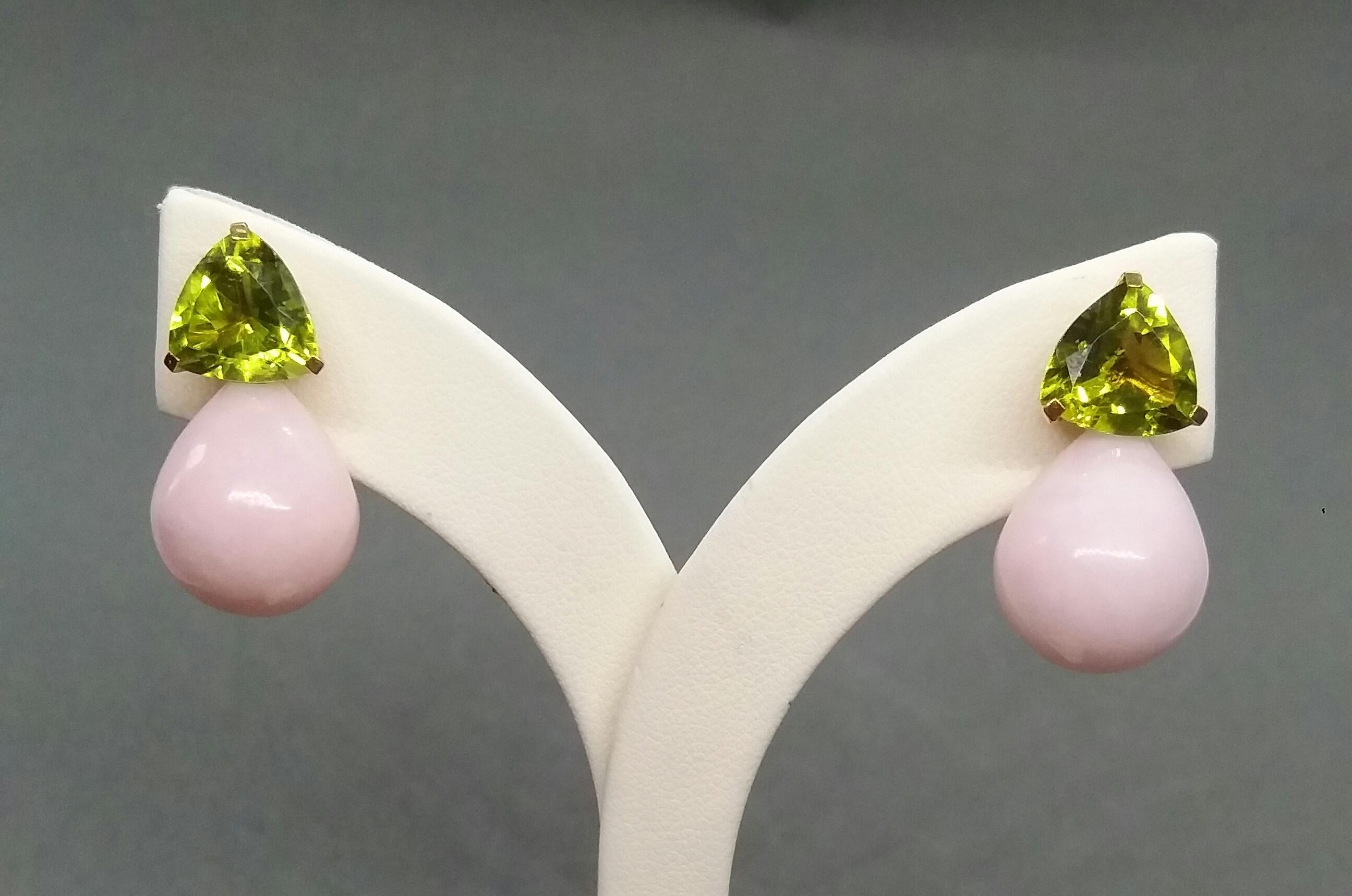 Trillion Cut Peridot Pink Opal Plain Drops 14 Karat Solid Yellow Gold Earrings For Sale 4