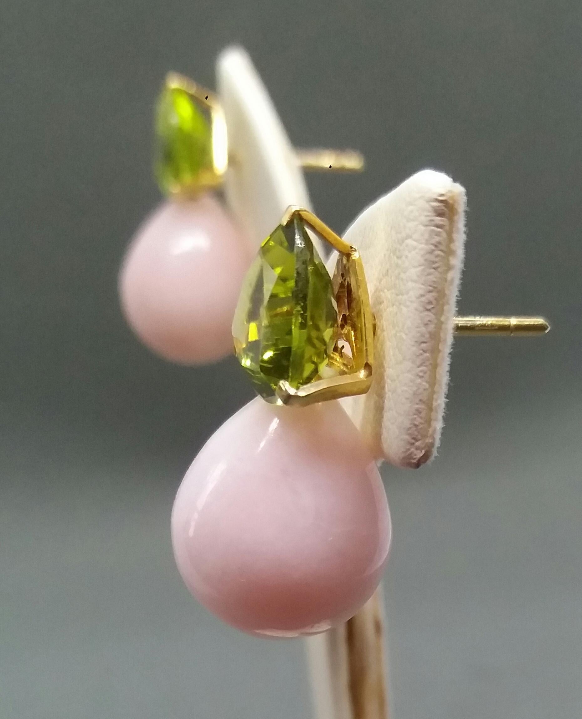 Trillion Cut Peridot Pink Opal Plain Drops 14 Karat Solid Yellow Gold Earrings For Sale 5