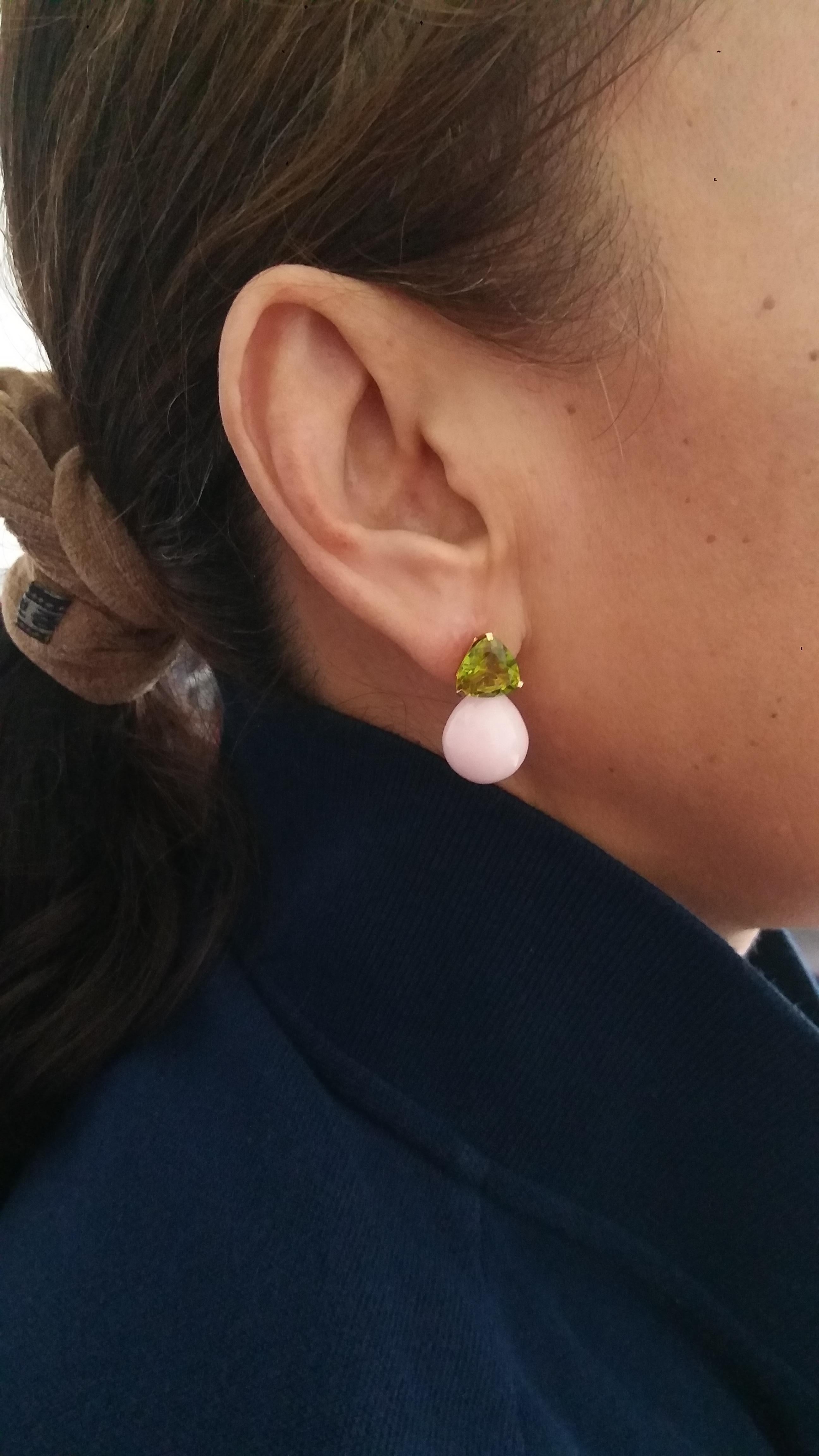 Trillion Cut Peridot Pink Opal Plain Drops 14 Karat Solid Yellow Gold Earrings For Sale 6