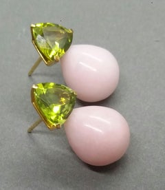 Trillion Cut Peridot Pink Opal Plain Drops 14 Karat Solid Yellow Gold Earrings