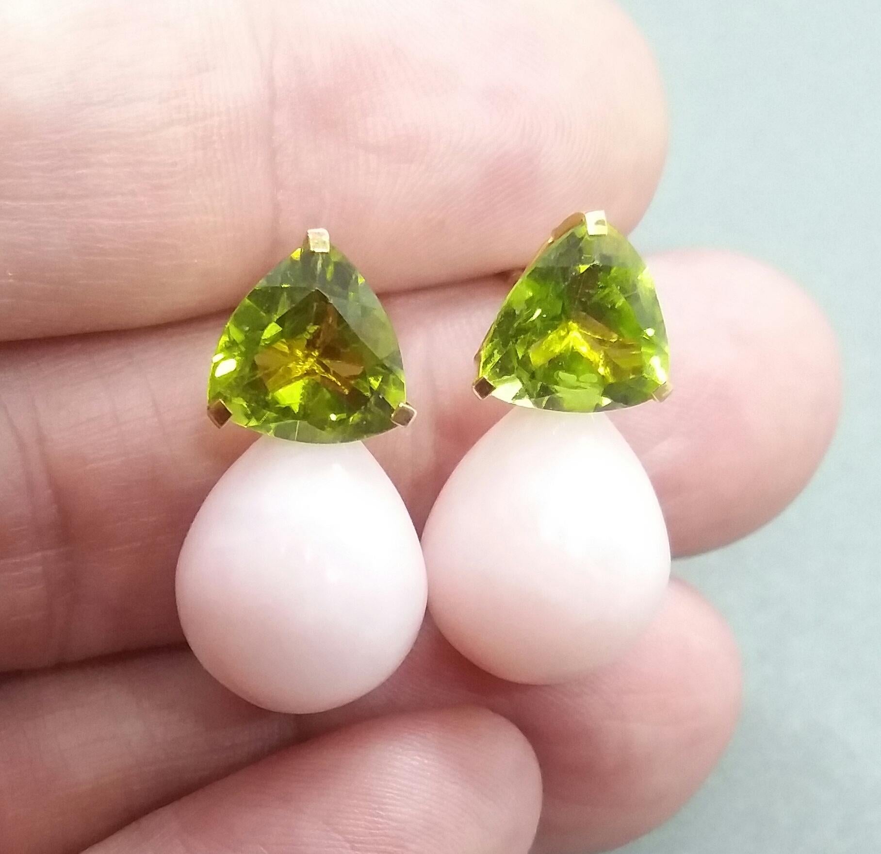Women's Trillion Cut Peridot Pink Opal Plain Drops 14 Karat Solid Yellow Gold Earrings For Sale
