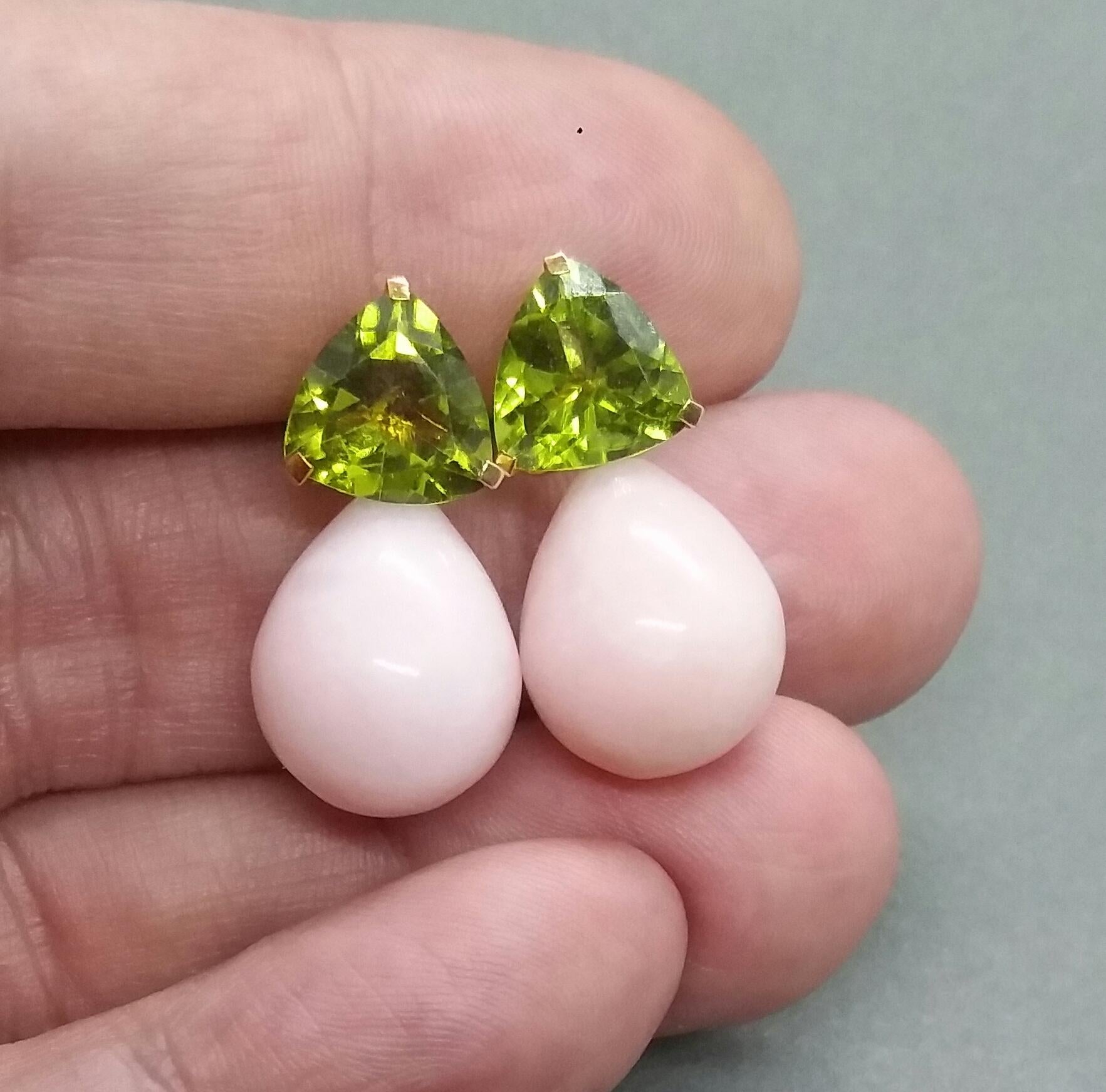 Trillion Cut Peridot Pink Opal Plain Drops 14 Karat Solid Yellow Gold Earrings For Sale 1