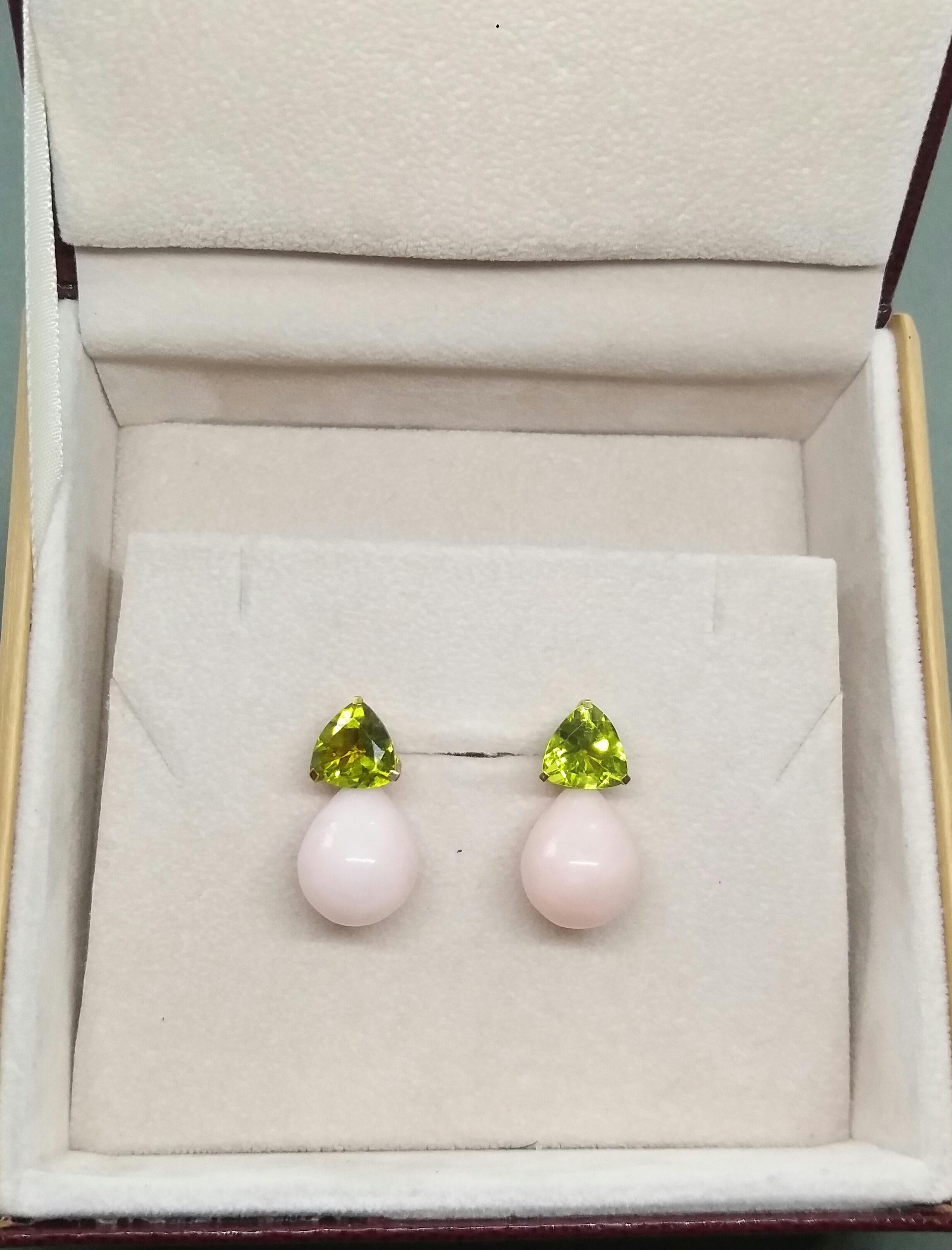 Trillion Cut Peridot Pink Opal Plain Drops 14 Karat Solid Yellow Gold Earrings For Sale 2