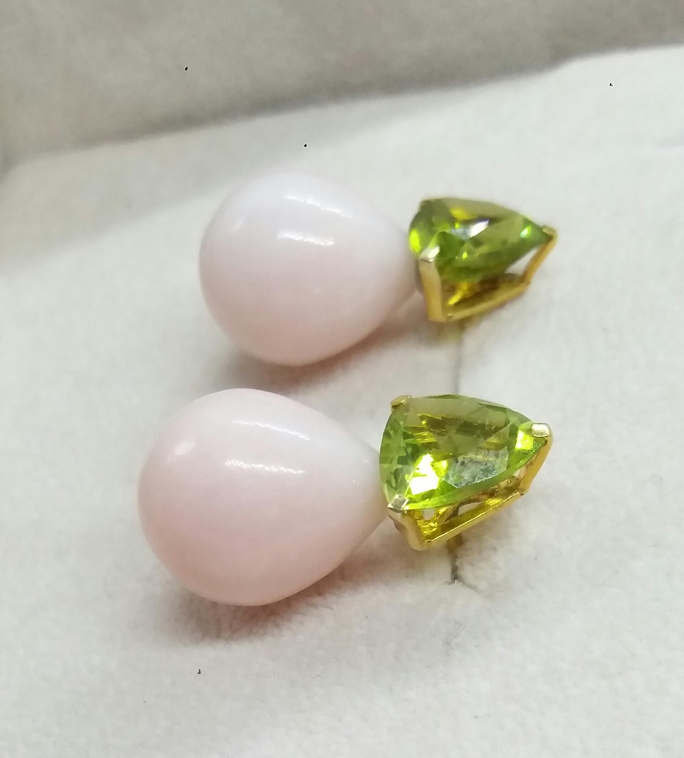 Trillion Cut Peridot Pink Opal Plain Drops 14 Karat Solid Yellow Gold Earrings For Sale 3