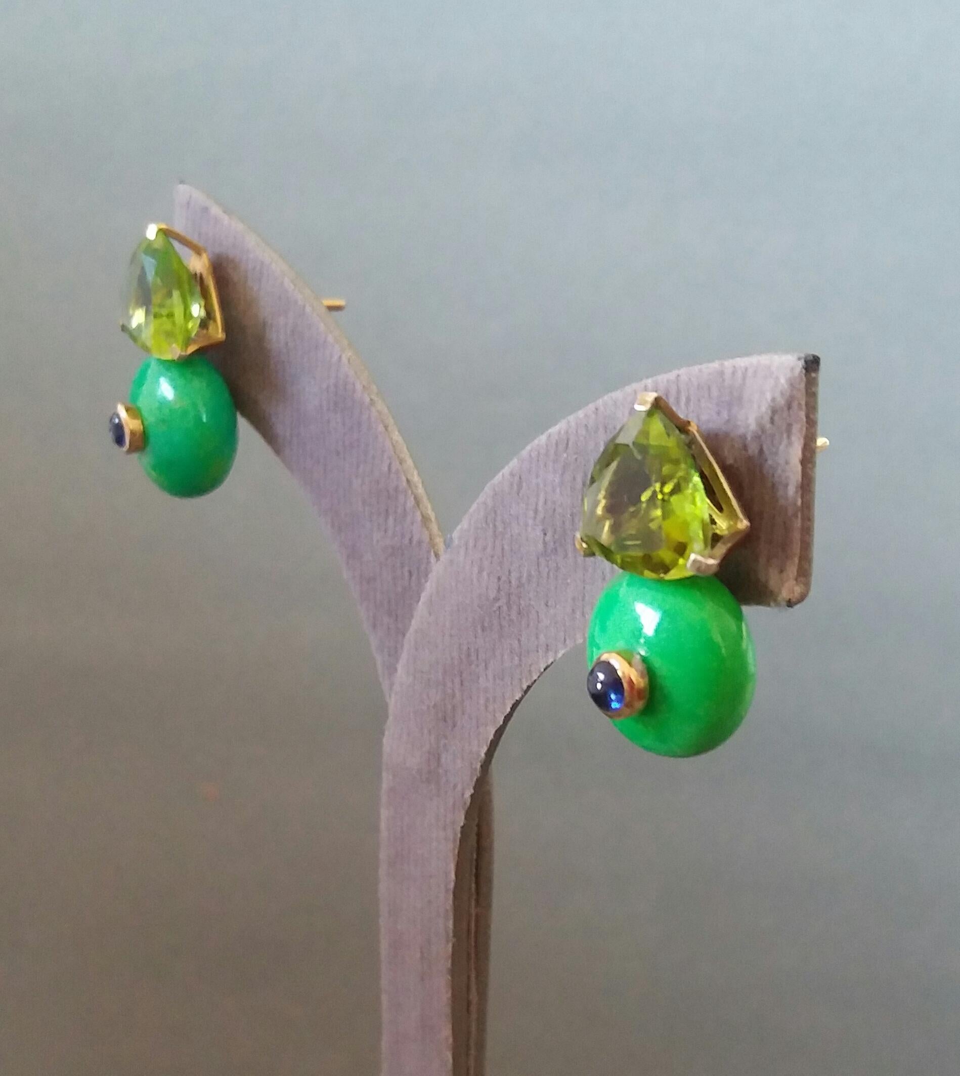 Trillion Cut Peridot Turkmenistan Green Turquoise Blue Sapphire Gold Earrings For Sale 5