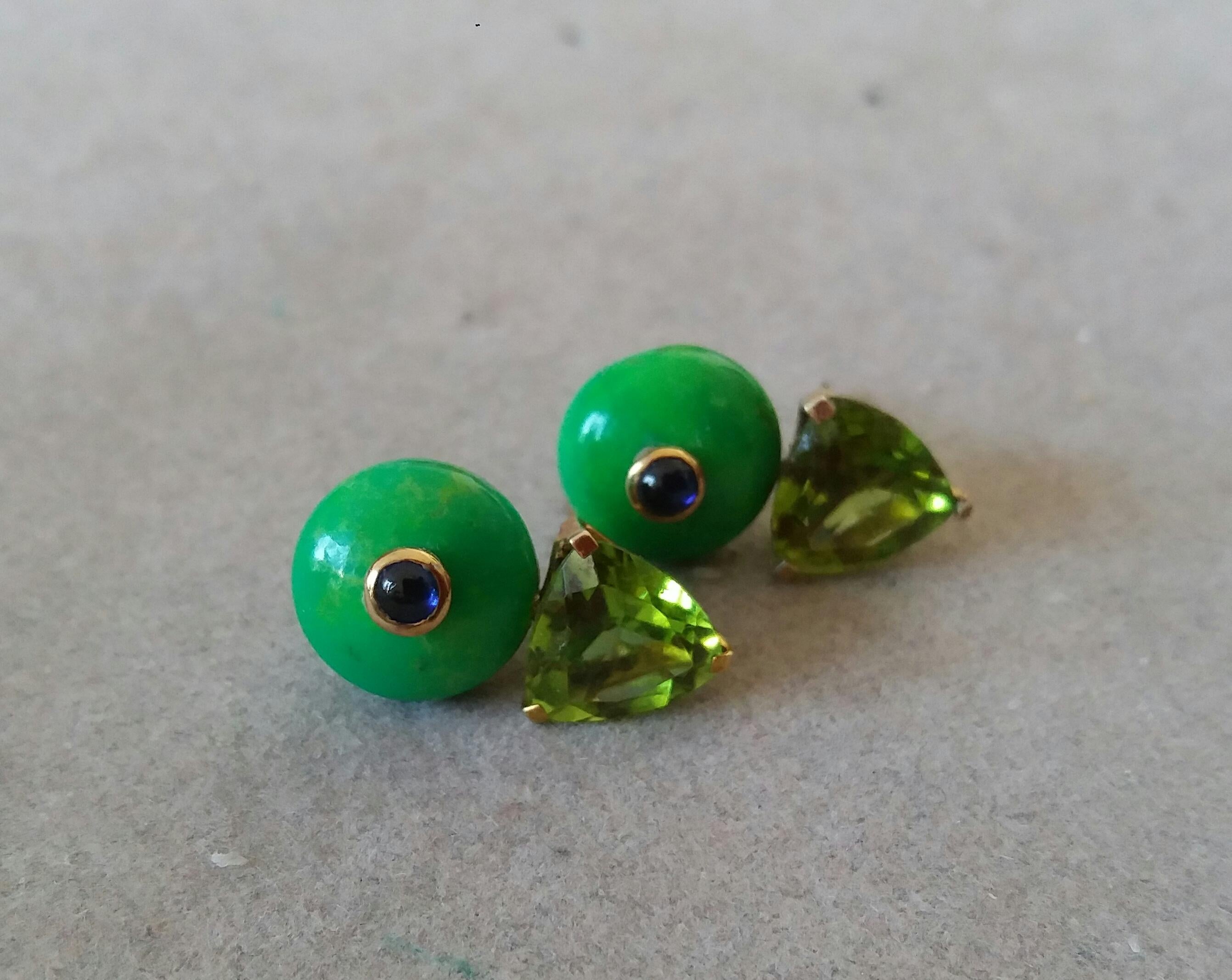 Trillion Cut Peridot Turkmenistan Green Turquoise Blue Sapphire Gold Earrings In Good Condition For Sale In Bangkok, TH