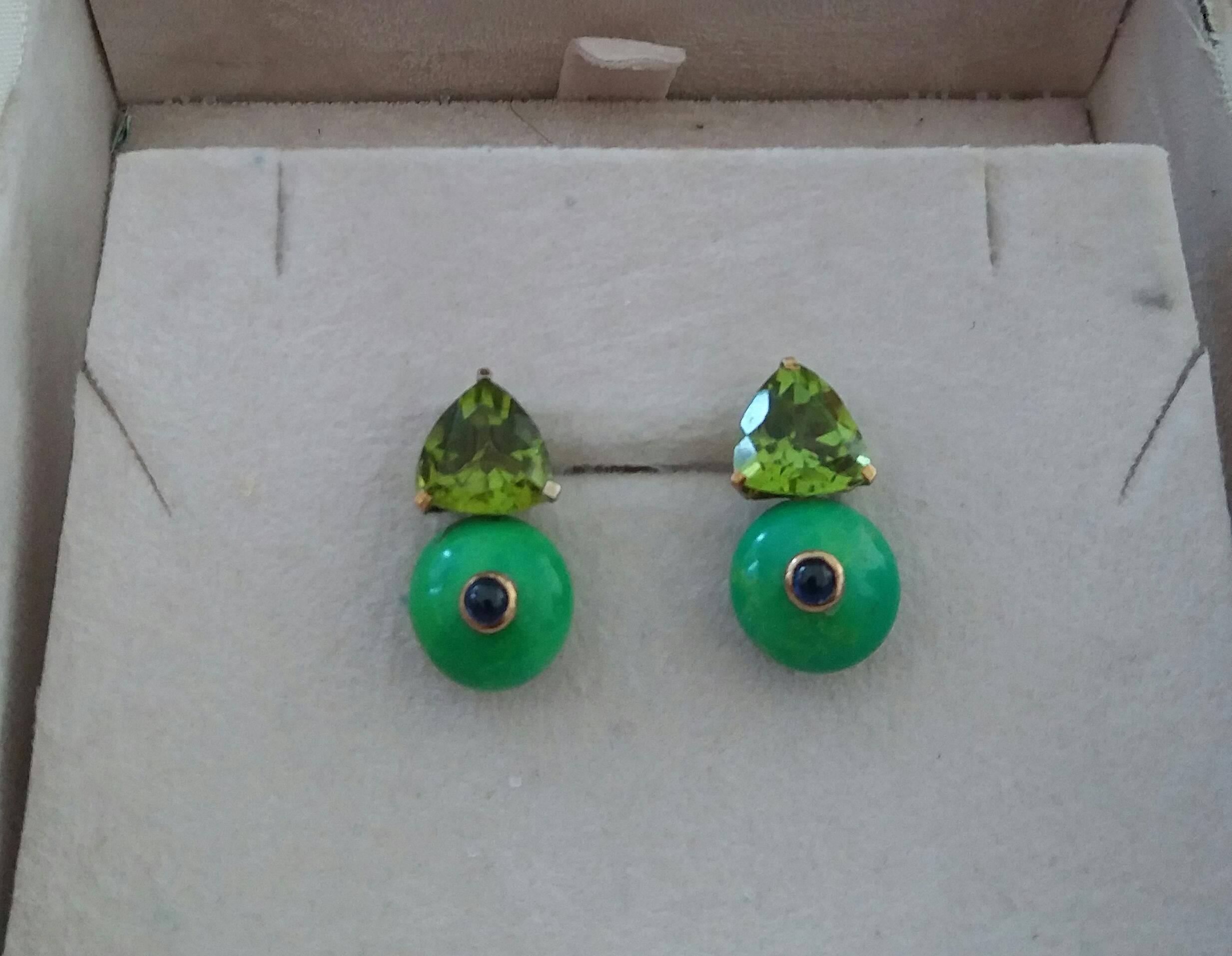 Trillion Cut Peridot Turkmenistan Green Turquoise Blue Sapphire Gold Earrings For Sale 2