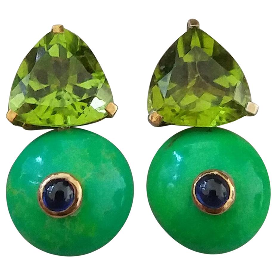 Trillion Cut Peridot Turkmenistan Green Turquoise Blue Sapphire Gold Earrings For Sale