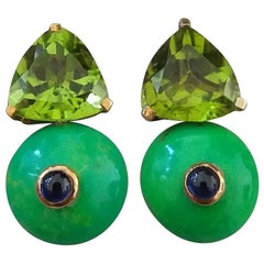Trillion Cut Peridot Turkmenistan Green Turquoise Blue Sapphire Gold Earrings