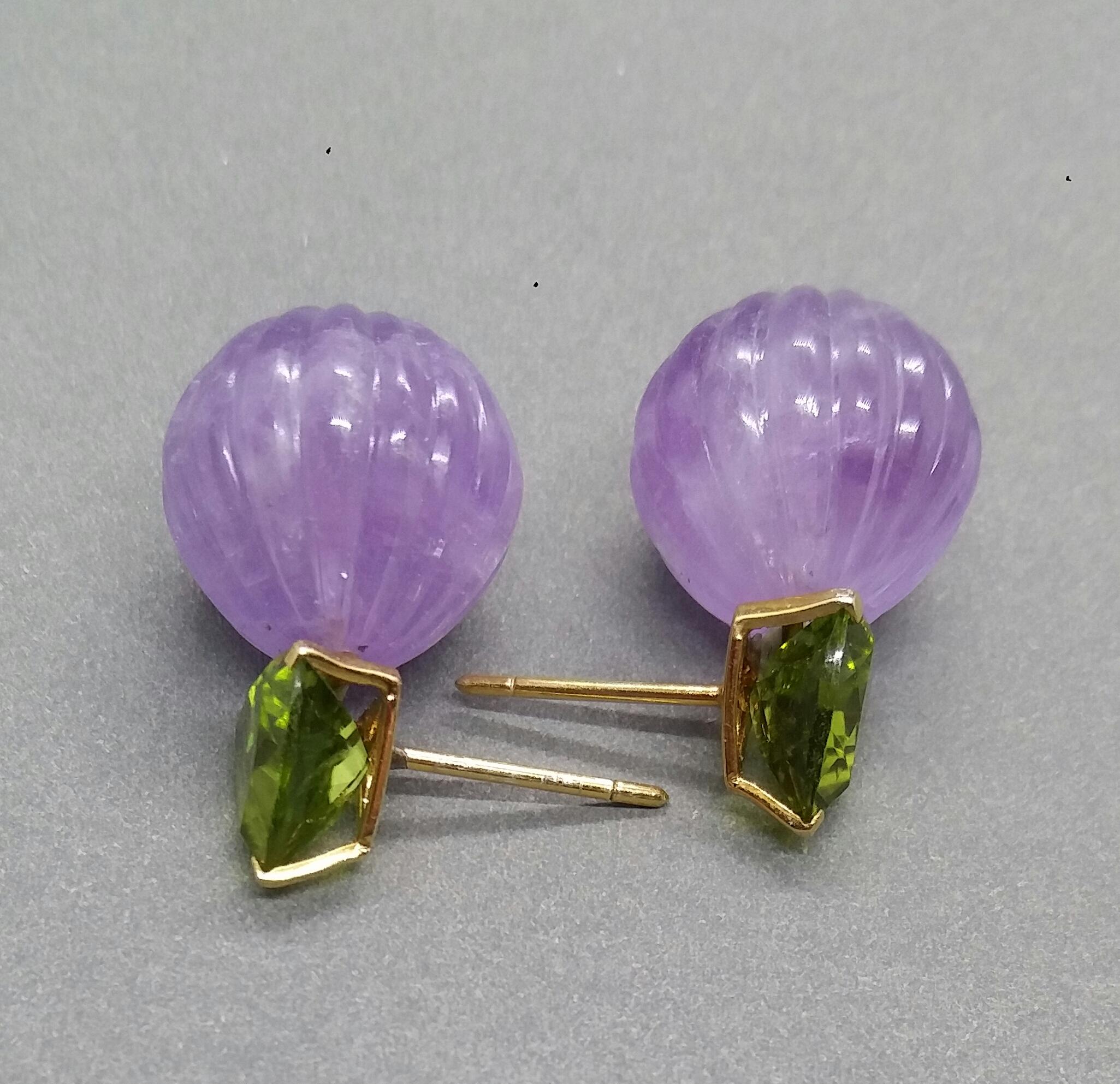 Pendientes de oro amarillo de 14 quilates con gotas redondas talladas de amatista y peridotos talla trillón Contemporáneo en venta