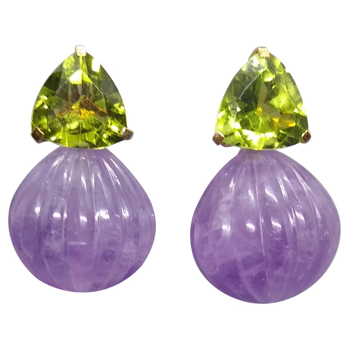 Trillion Cut Peridots Amethyst Carved Round Drops 14 Karat Yellow Gold Earrings For Sale