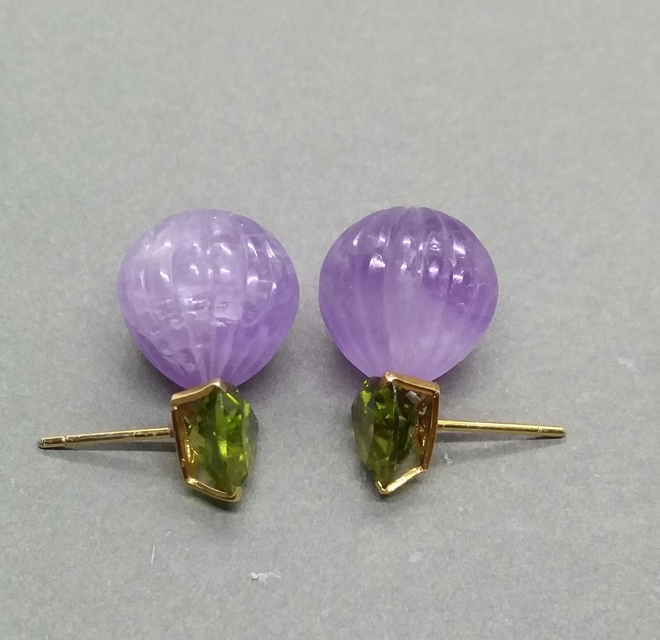 Trillion Cut Peridots Amethyst Carved Round Drops 14 Karat Yellow Gold Earrings For Sale 6