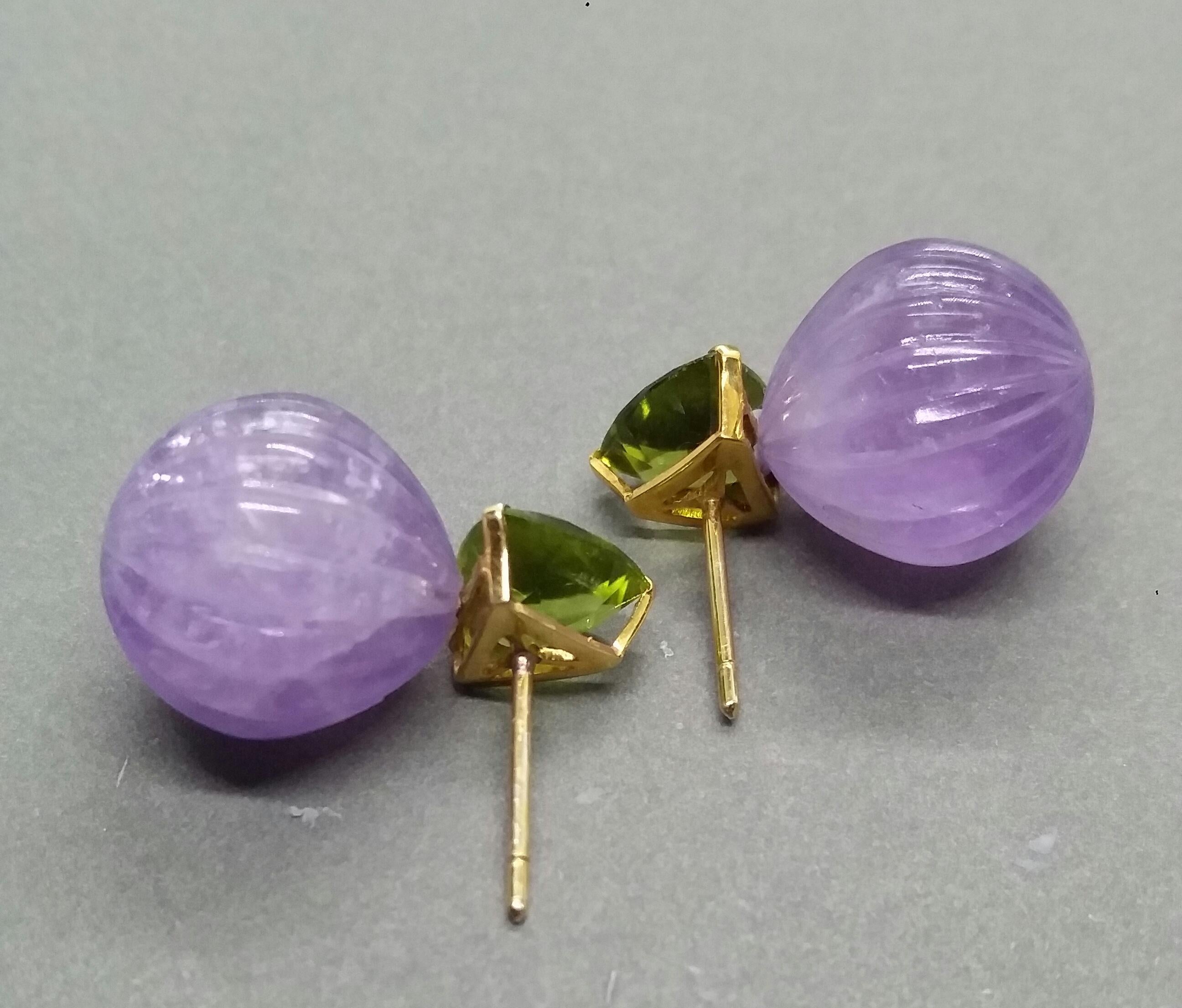 Trillion Cut Peridots Amethyst Carved Round Drops 14 Karat Yellow Gold Earrings For Sale 7