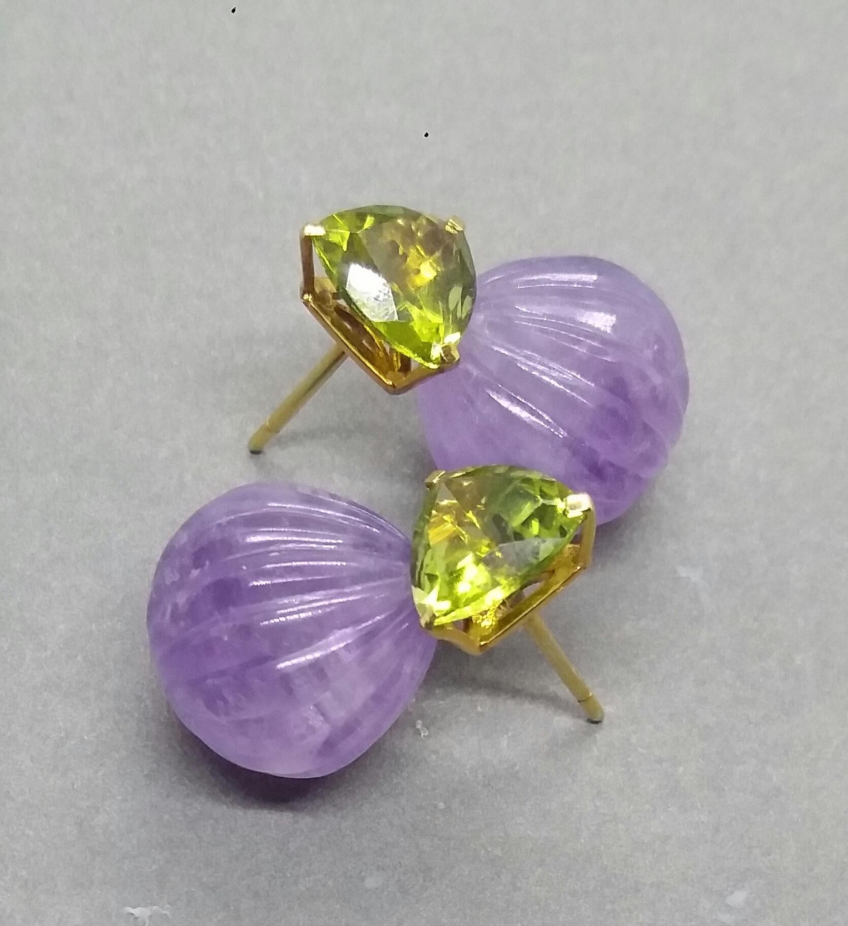 Trillion Cut Peridots Amethyst Carved Round Drops 14 Karat Yellow Gold Earrings For Sale 8