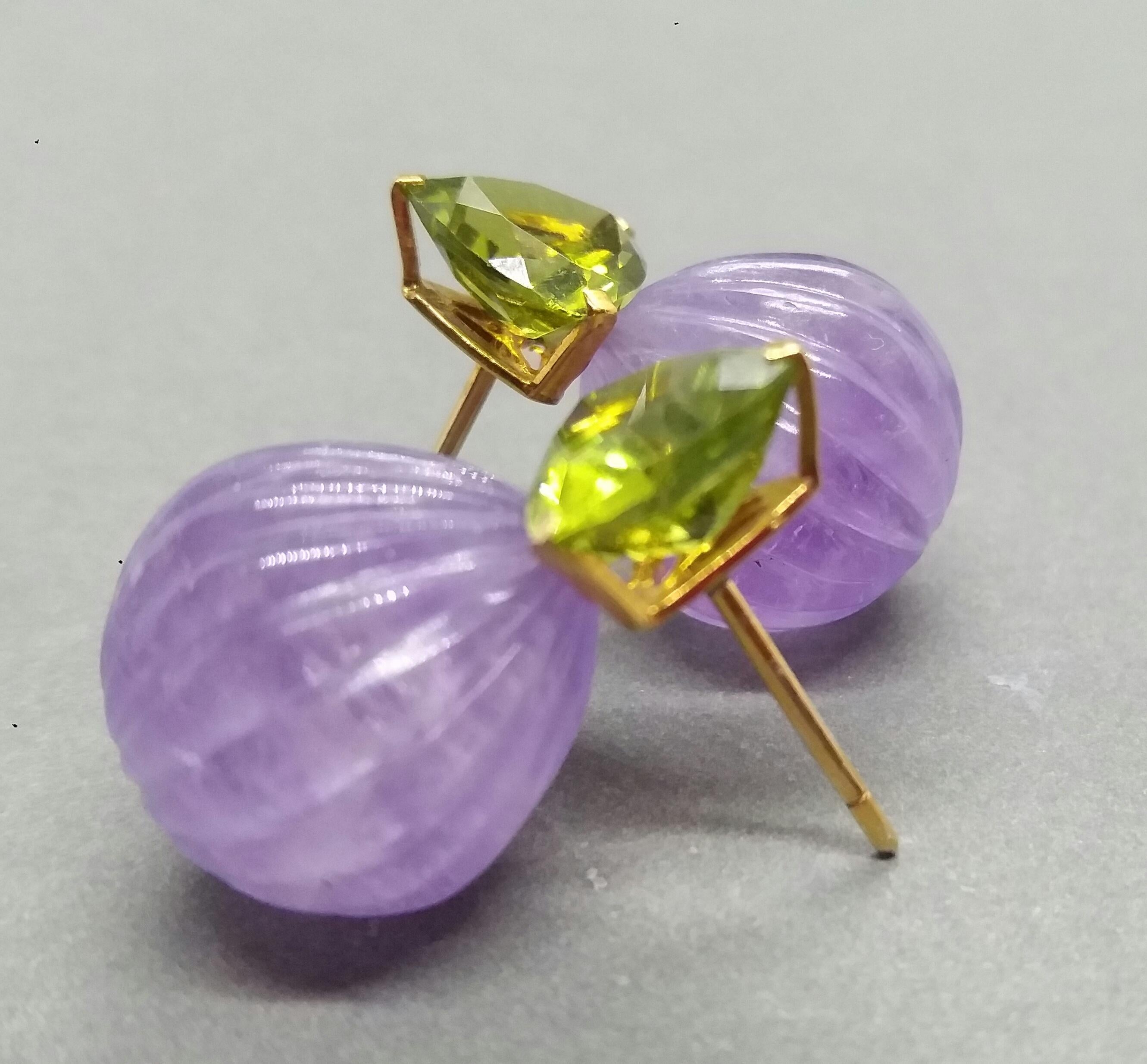 Trillion Cut Peridots Amethyst Carved Round Drops 14 Karat Yellow Gold Earrings For Sale 9