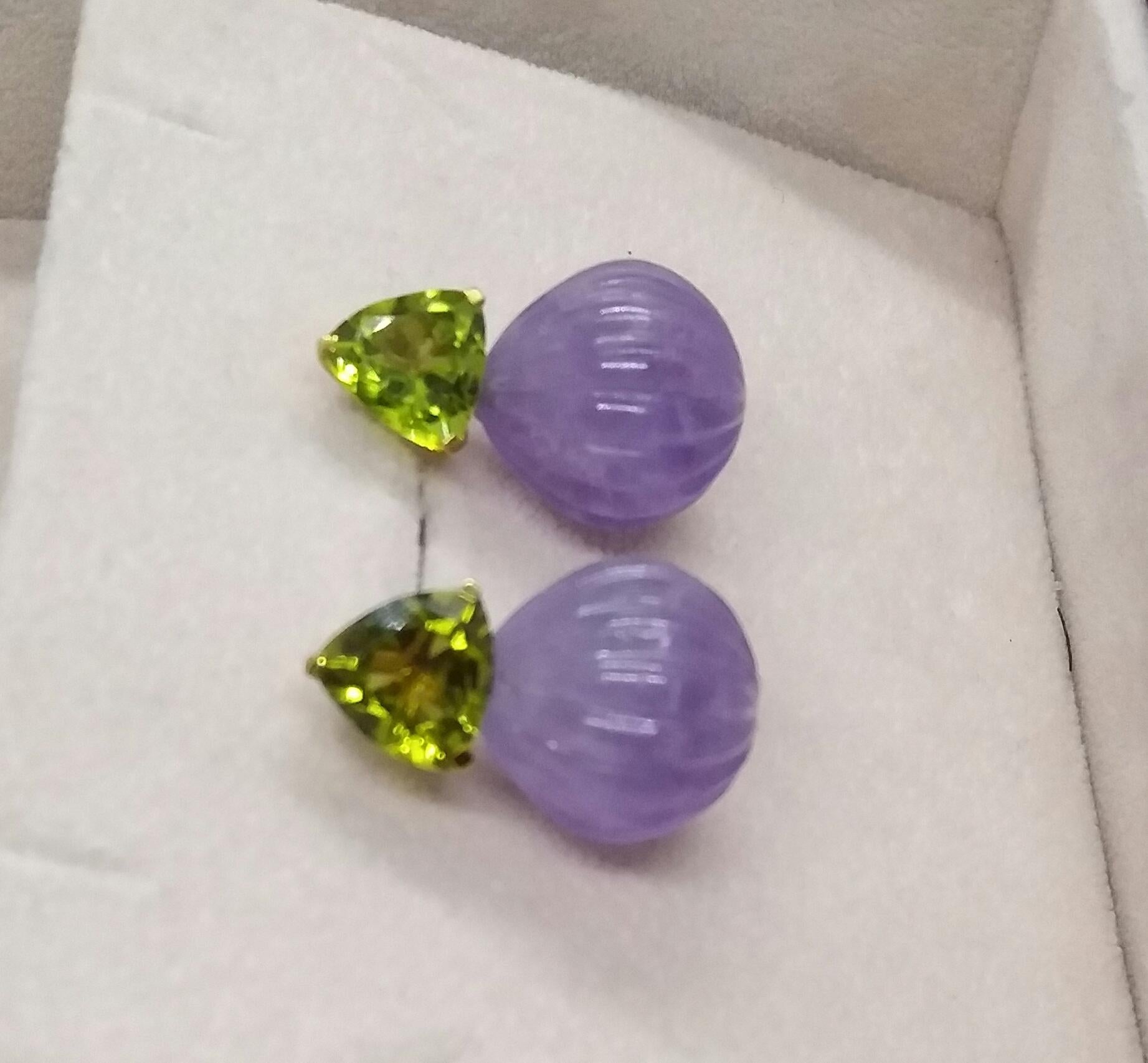 Trillion Cut Peridots Amethyst Carved Round Drops 14 Karat Yellow Gold Earrings For Sale 1