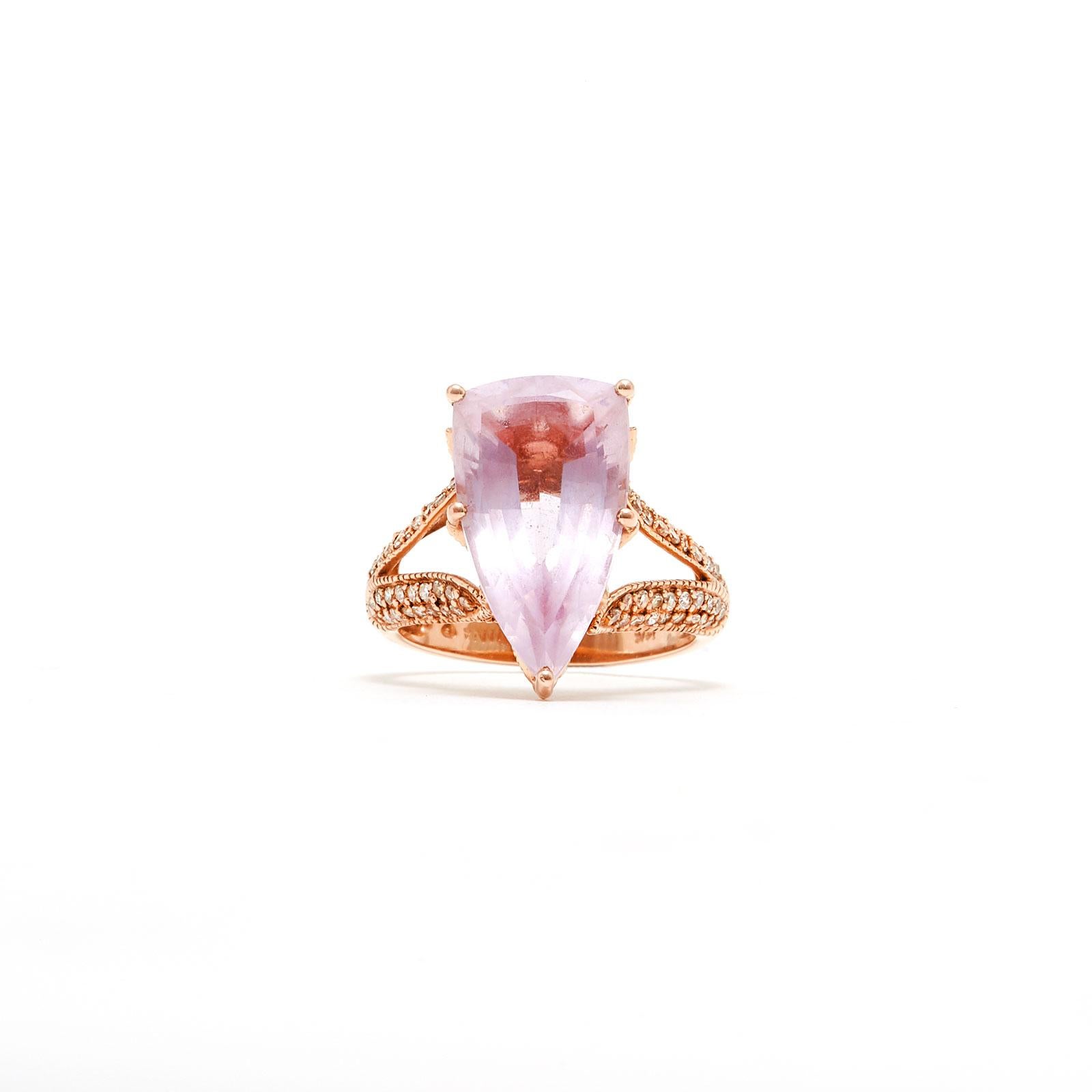 Trillion Cut Pink Amethyst and Diamond Rose Gold Dress Ring In New Condition In Los Angeles, CA