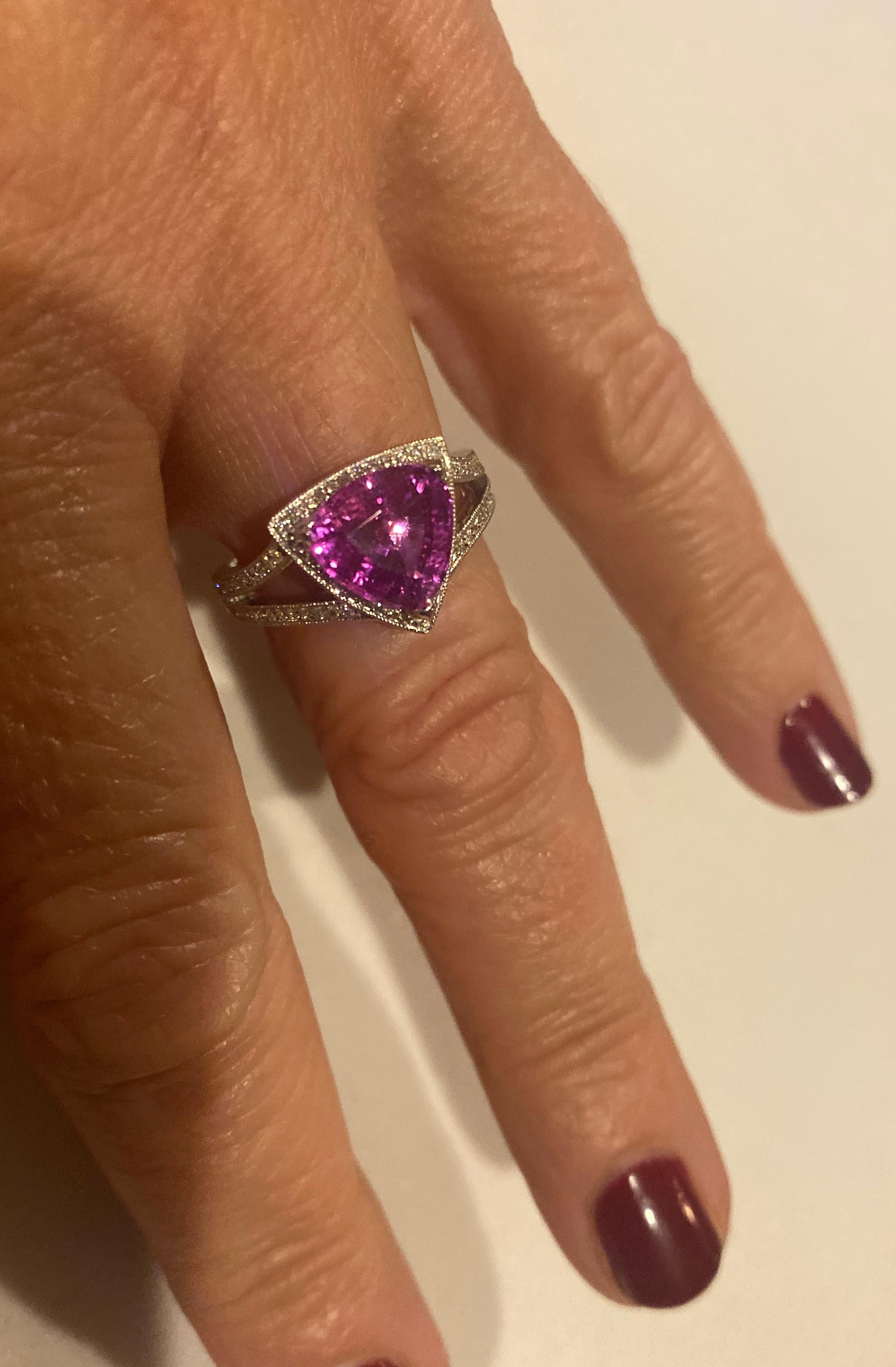 Trillion Cut Pink Sapphire and Diamond Ring For Sale 2