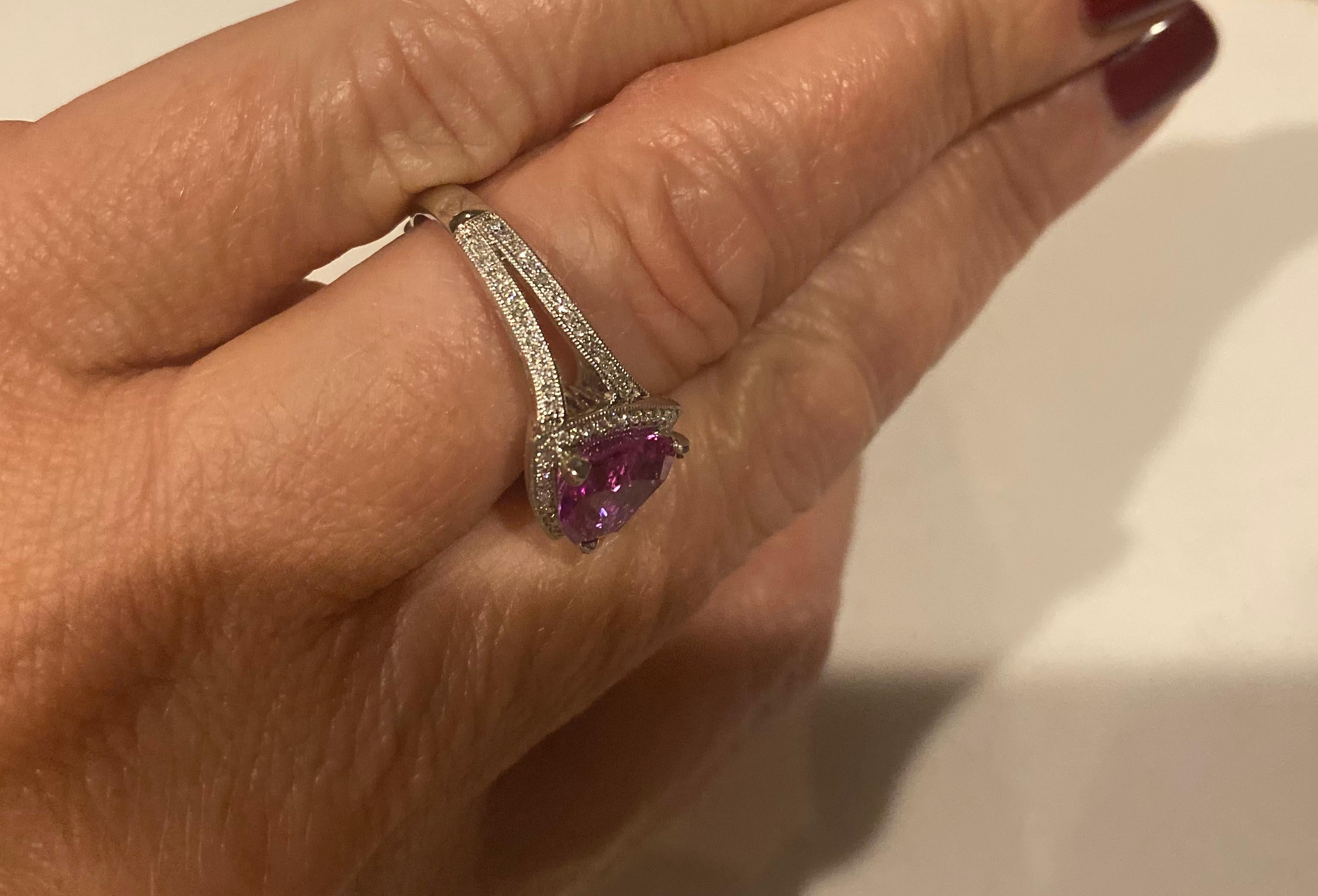 Trillion Cut Pink Sapphire and Diamond Ring For Sale 4