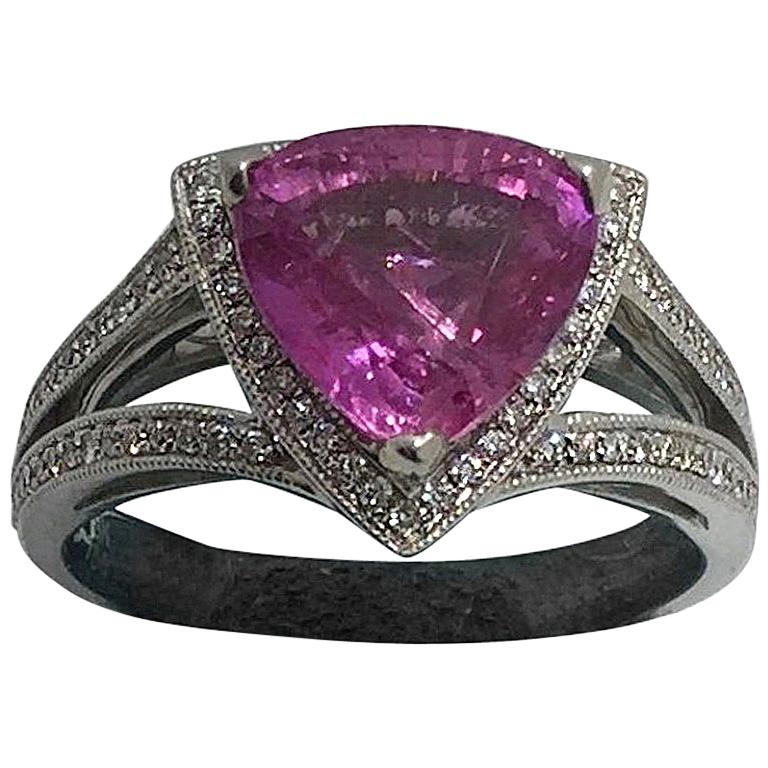 Trillion Cut Pink Sapphire and Diamond Ring For Sale
