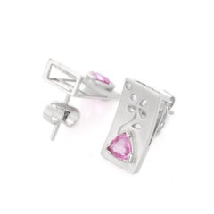 Trillion Cut Pink Sapphire Rectangular Stud Earrings in 18K Solid White Gold