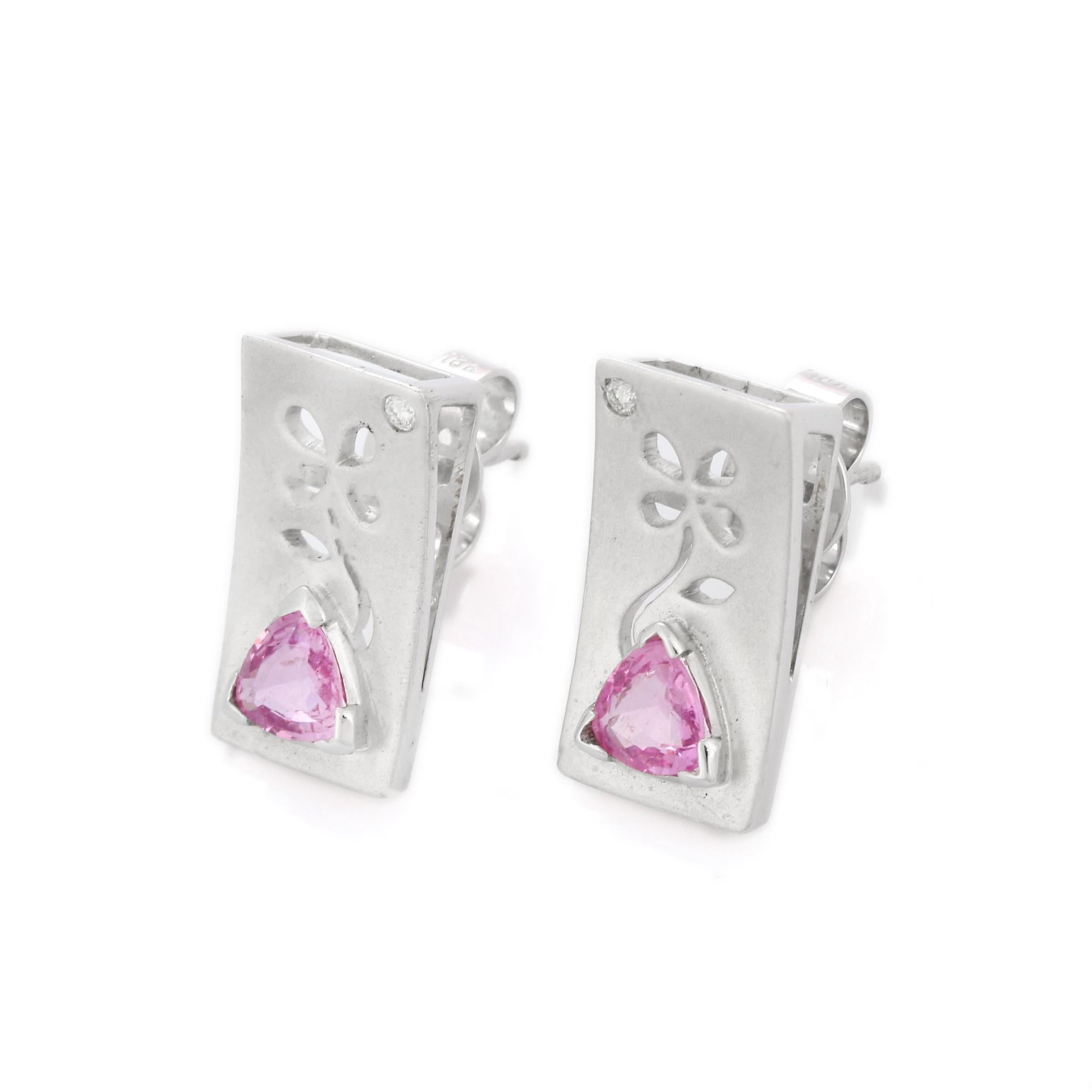 Art Deco Trillion Cut Pink Sapphire Rectangular Stud Earrings in 18K Solid White Gold For Sale