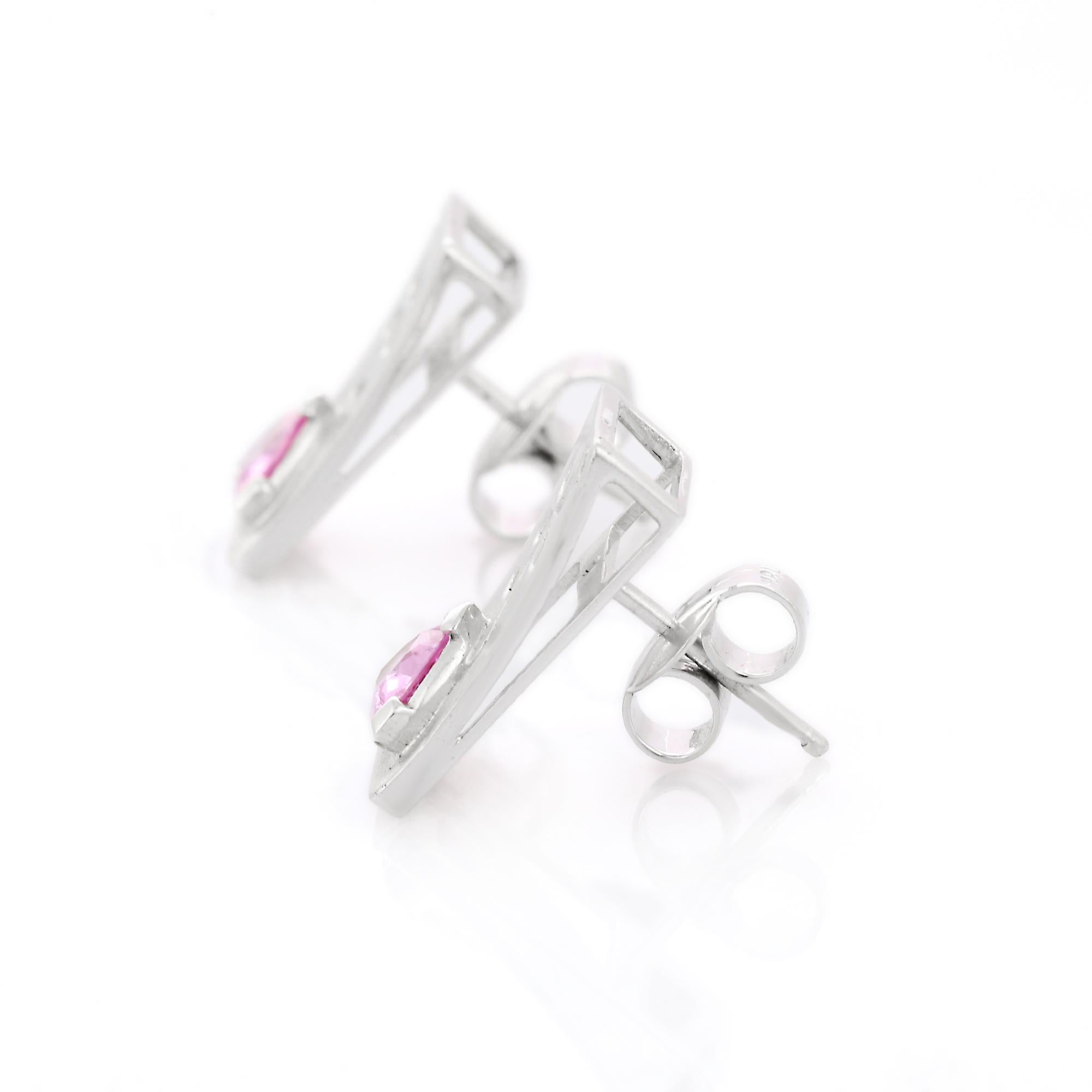 Trillion Cut Pink Sapphire Rectangular Stud Earrings in 18K Solid White Gold In New Condition For Sale In Houston, TX