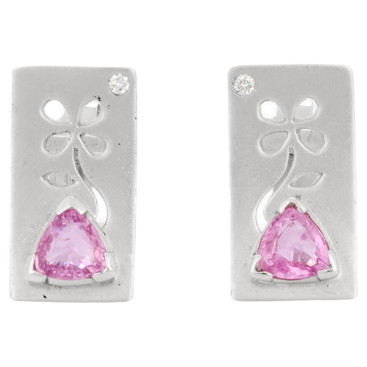 Trillion Cut Pink Sapphire Rectangular Stud Earrings in 18K Solid White Gold For Sale