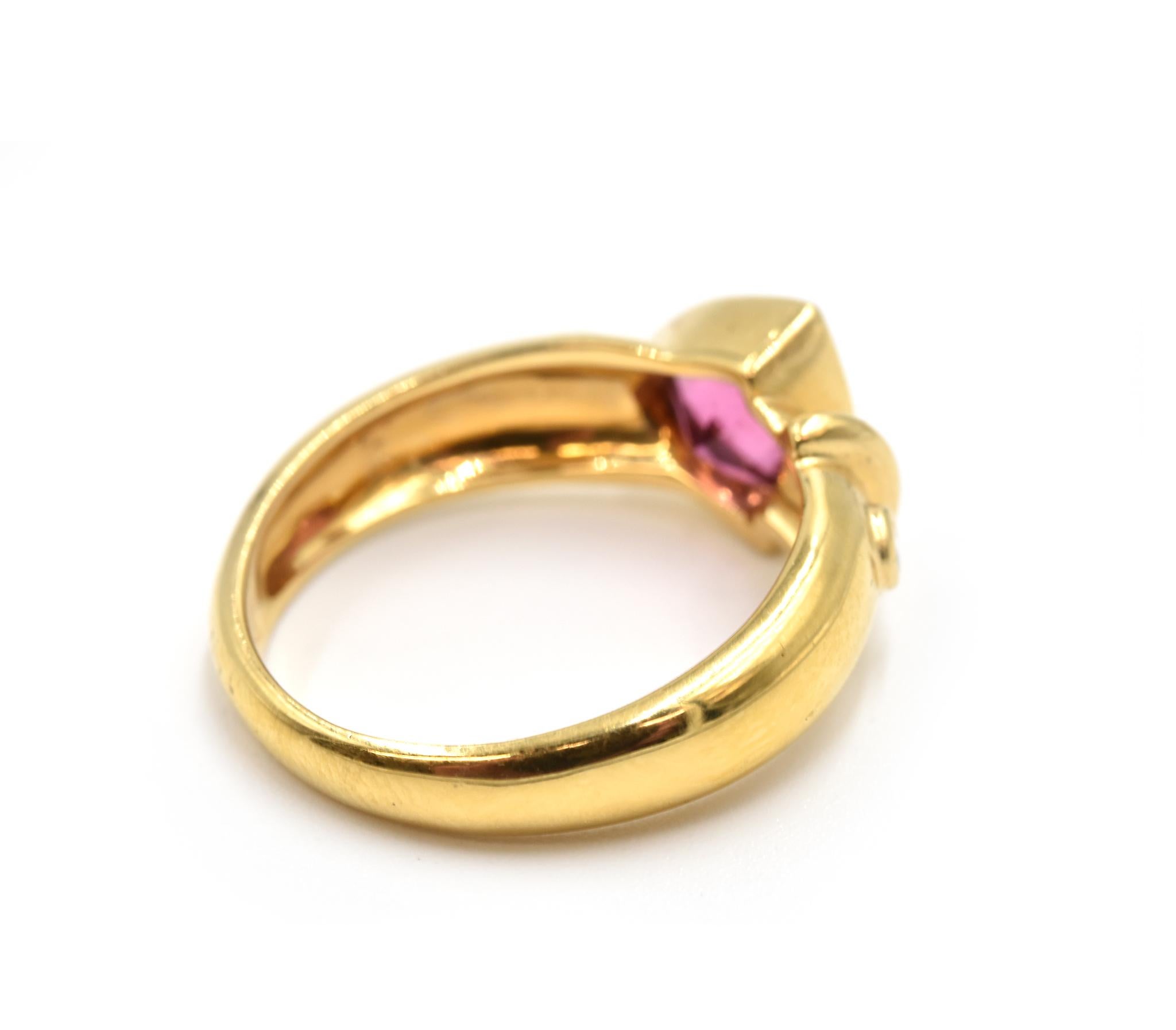 Modern Trillion Cut Pink Tourmaline and Diamond Ring 18 Karat Yellow Gold