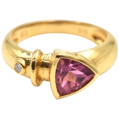 Trillion Cut Pink Tourmaline and Diamond Ring 18 Karat Yellow Gold