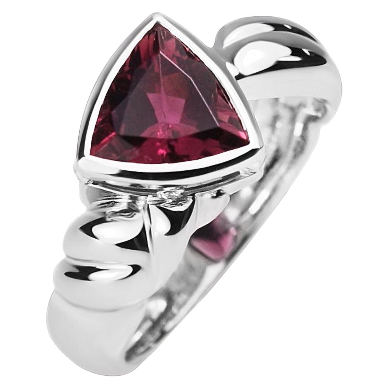 Trillion Cut Pink Tourmaline Ring with Diamond Set Gallery 18 Carat White Gold For Sale