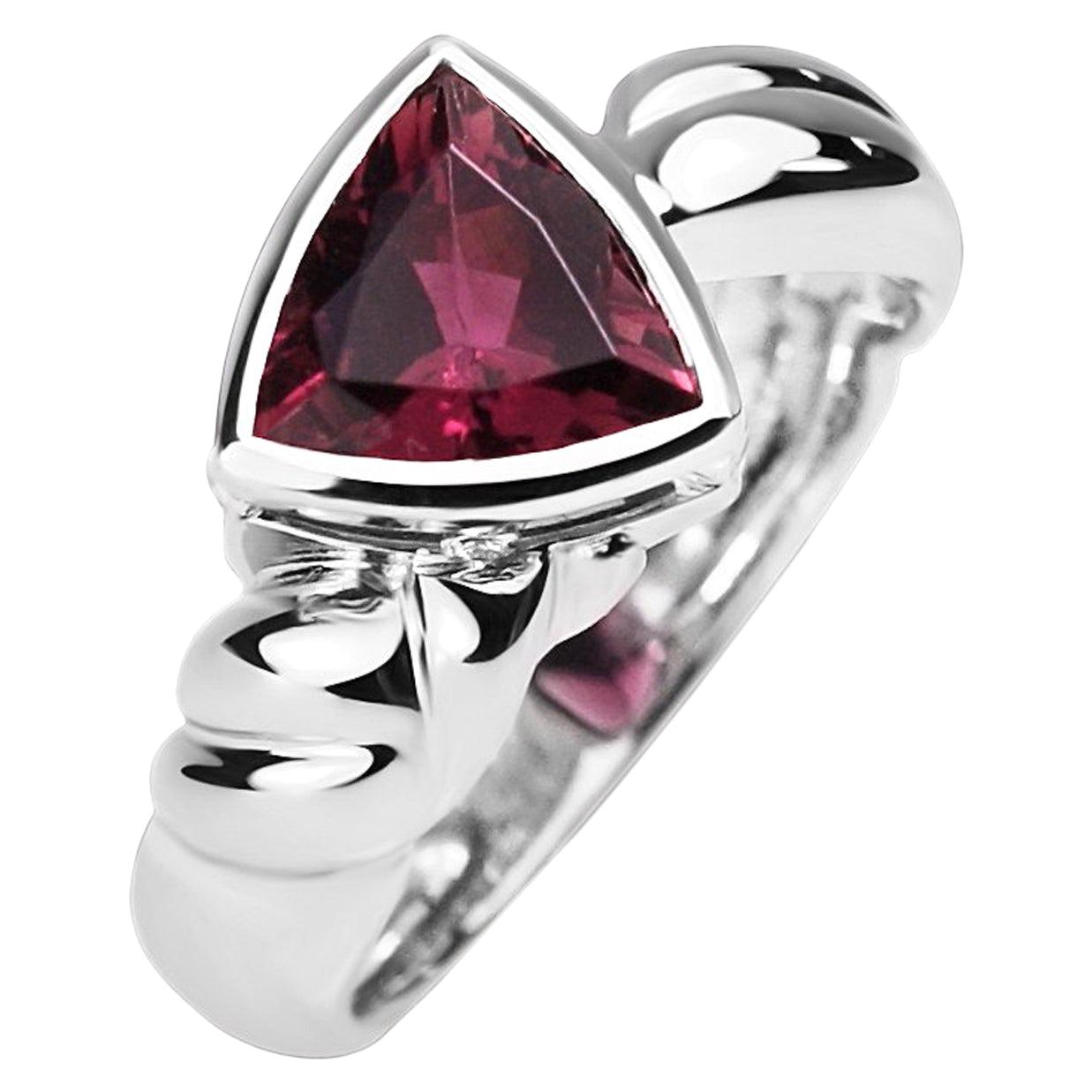 Trillion Cut Pink Tourmaline Ring with Diamonds 18 Karat White Gold Carved Band For Sale