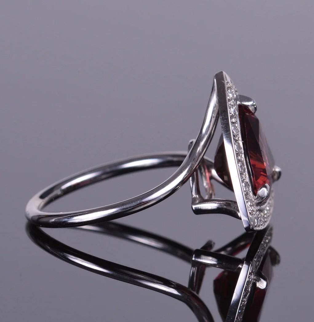 Trillion Cut Rubellite and Diamond Halo Ring In New Condition For Sale In Phoenix, AZ