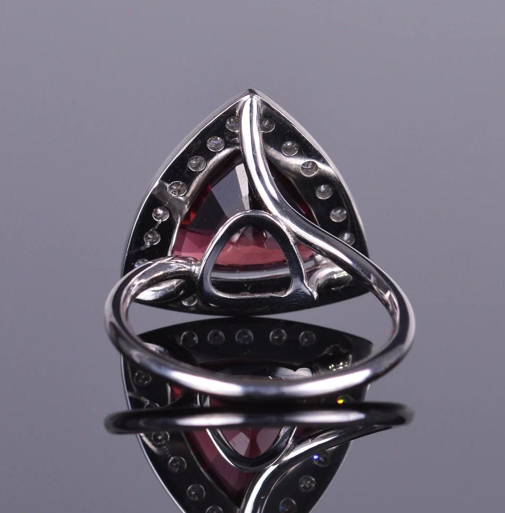 Women's or Men's Trillion Cut Rubellite and Diamond Halo Ring For Sale