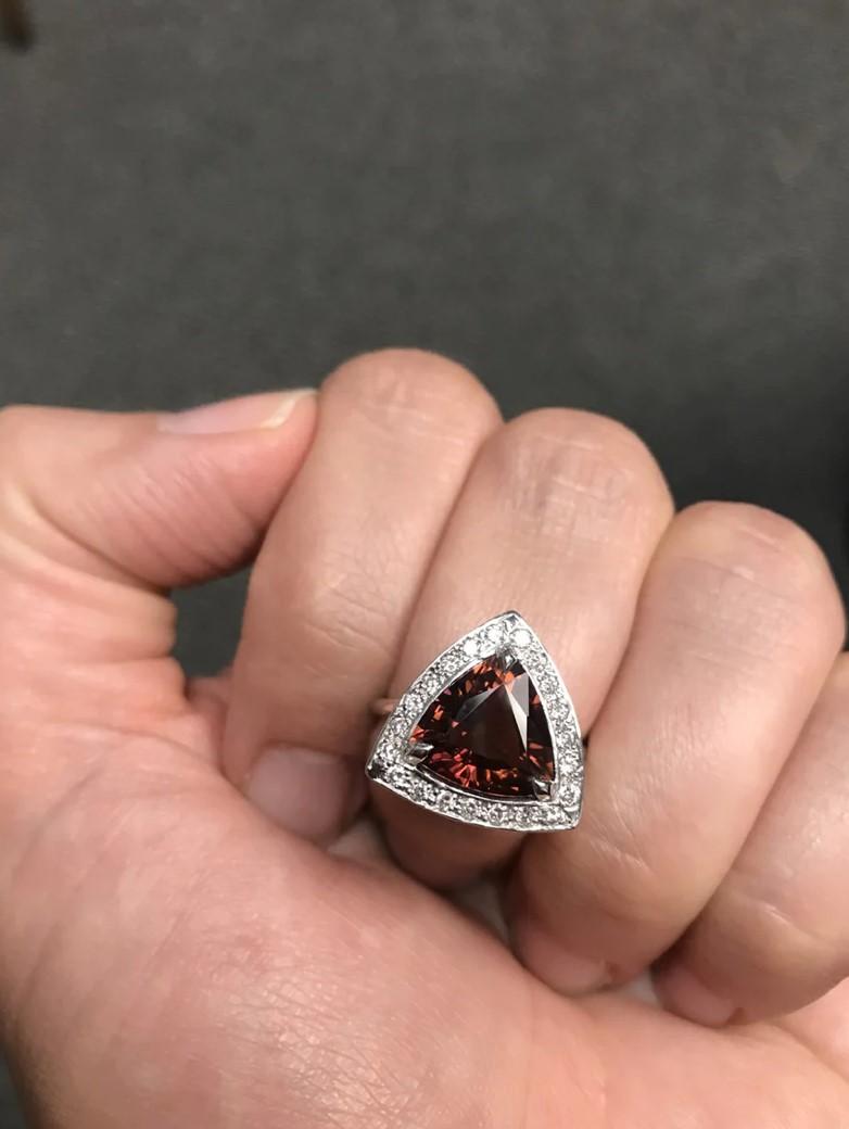 Trillion Cut Rubellite and Diamond Halo Ring For Sale 1