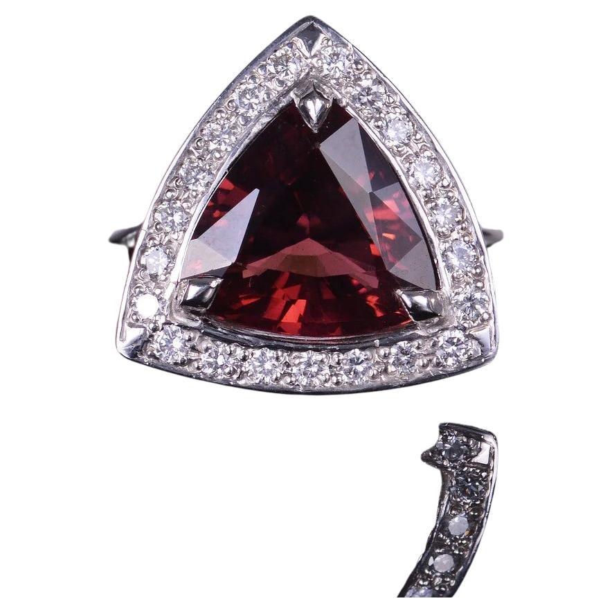 Trillion Cut Rubellite and Diamond Halo Ring For Sale