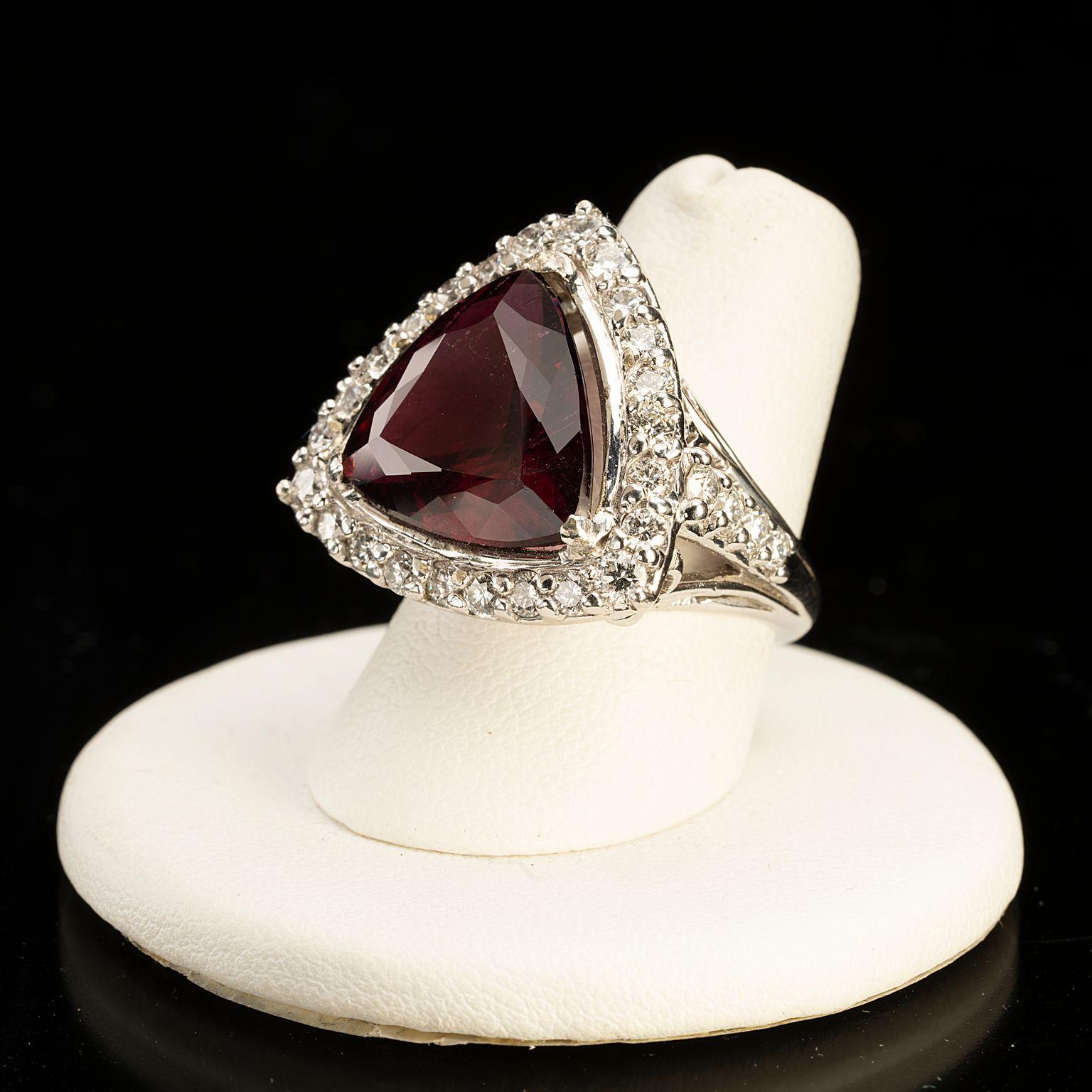 Trillion Cut Trillion-Cut Rubellite and White Diamond 14 Karat White Gold Cocktail Ring For Sale