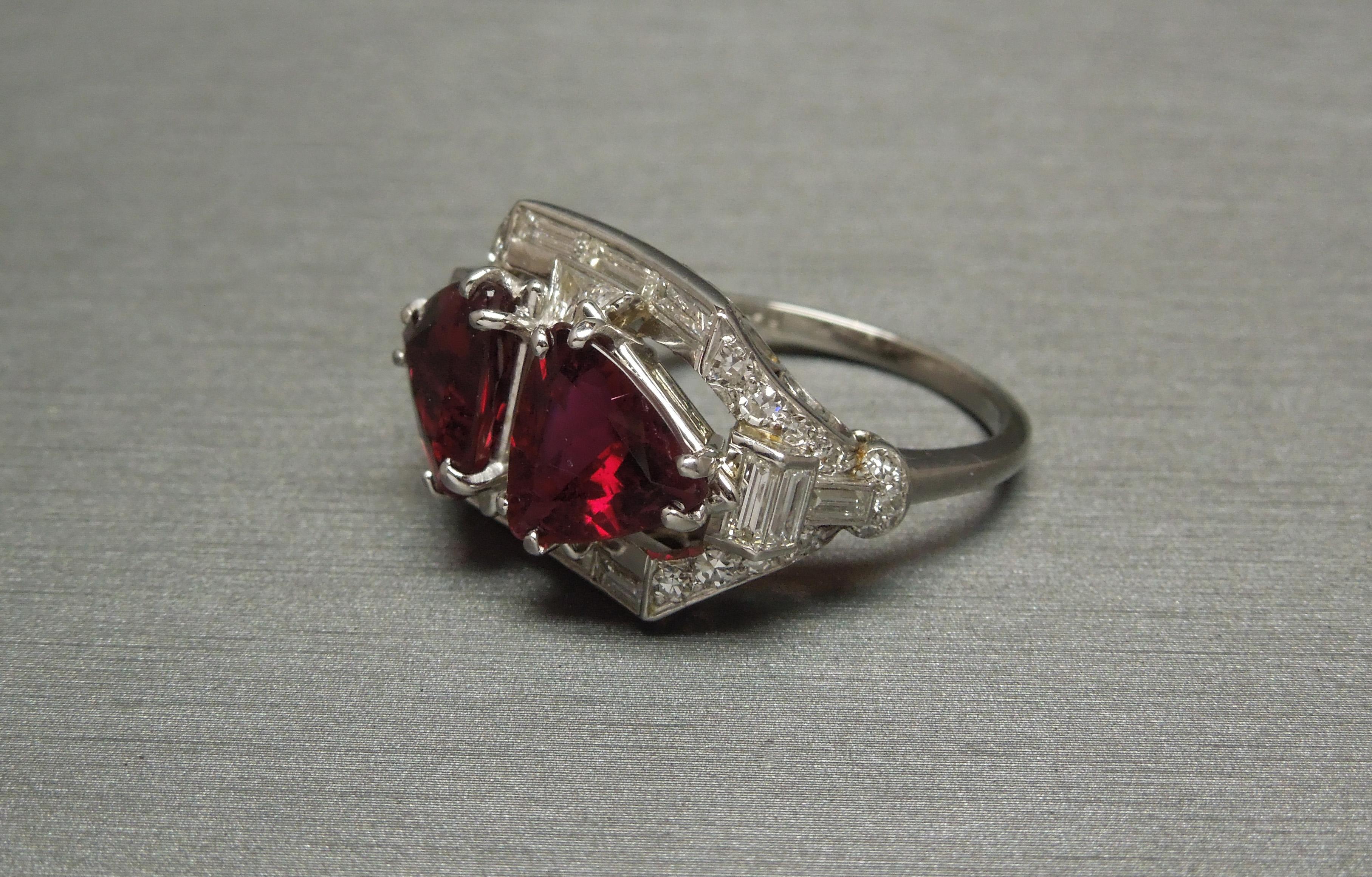 Trillion Cut Rubellite and Diamond Platinum Ring In Good Condition For Sale In METAIRIE, LA