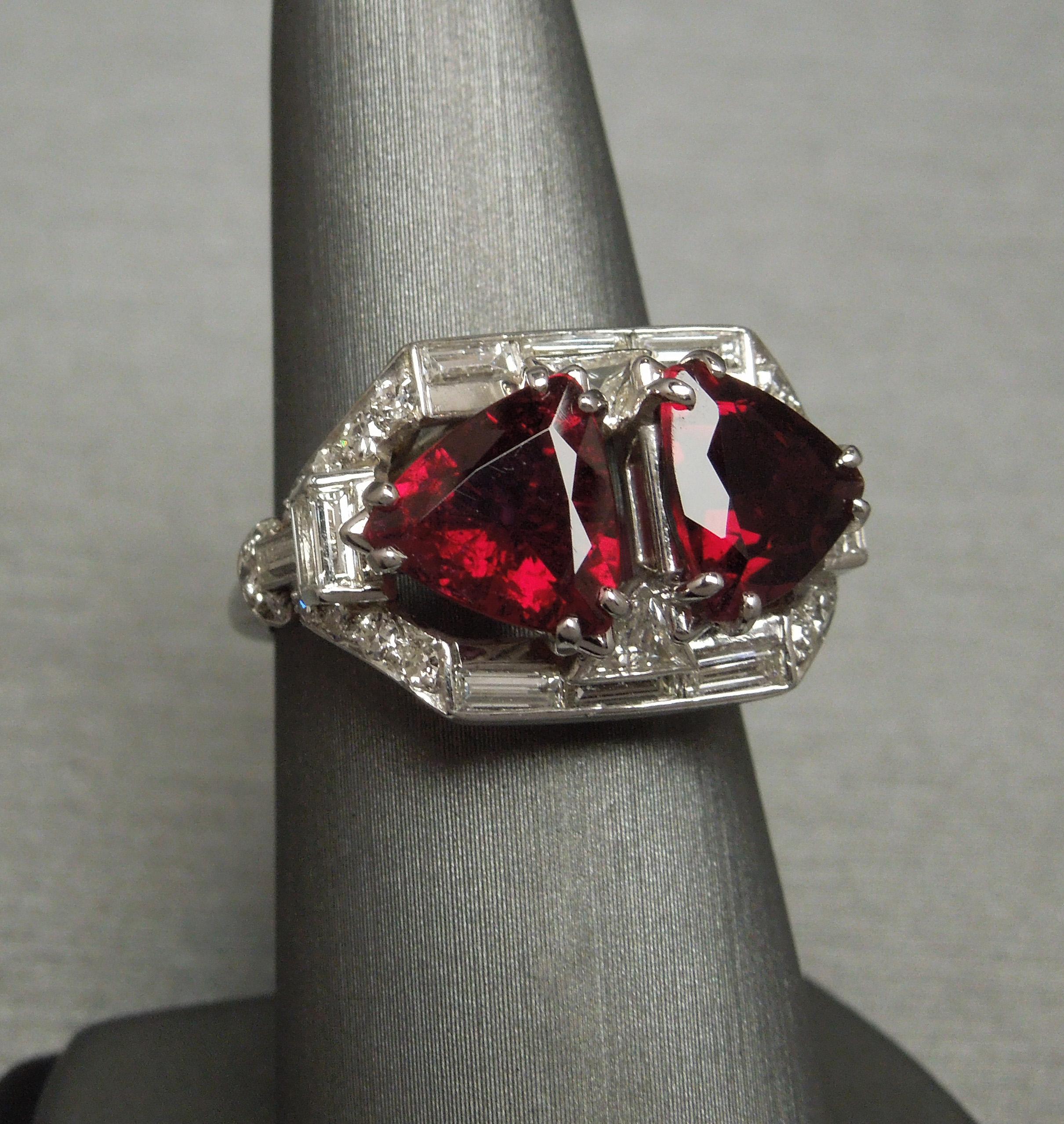 Women's Trillion Cut Rubellite and Diamond Platinum Ring For Sale