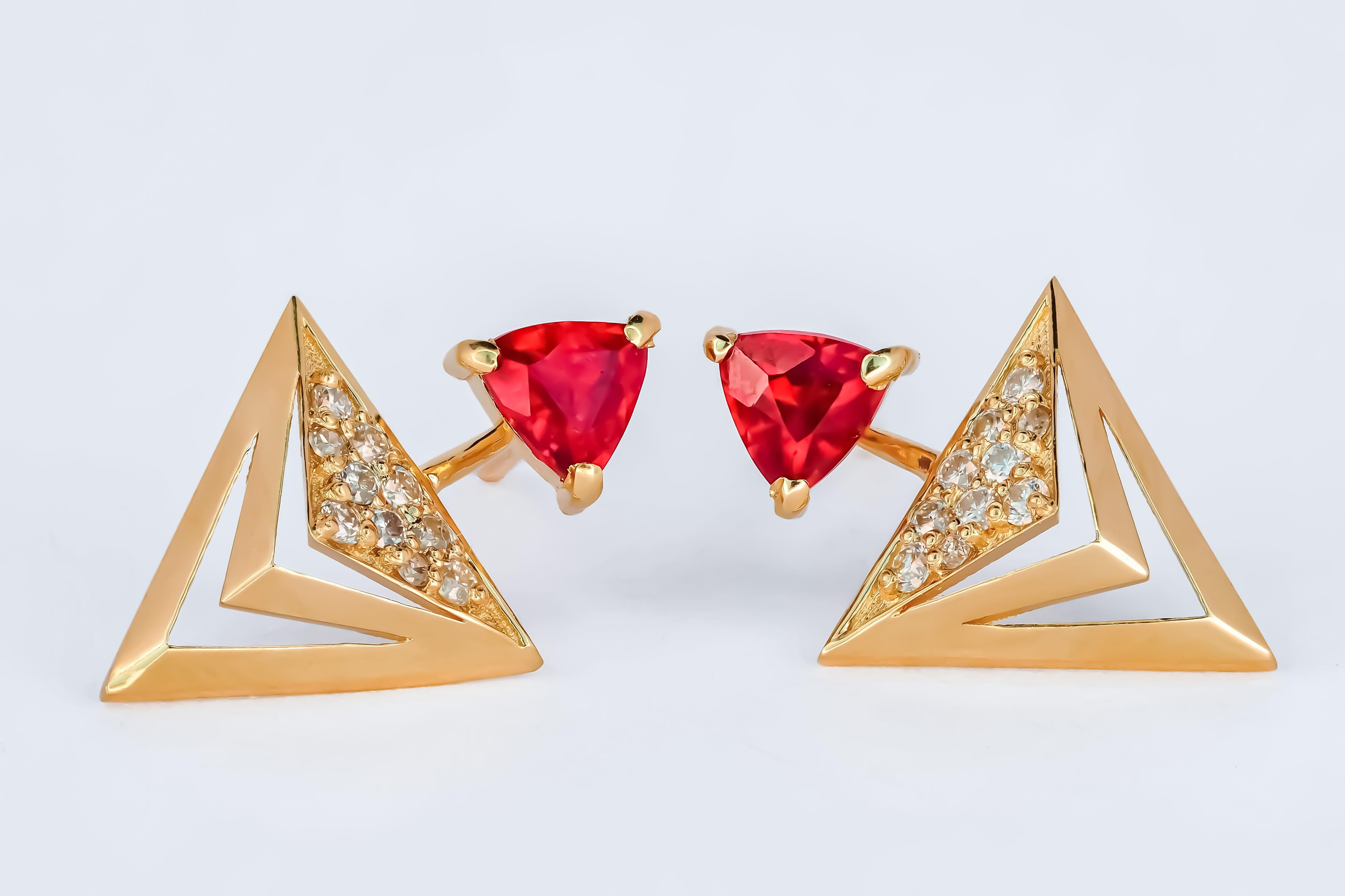 Trillion cut ruby stud earrings in 14k solid gold. 
Genuine ruby and diamonds studs. Removable Jacket Stud Earrings. July birthstone.

Different way wearable earrings studs: you can wear as solitaire ruby studs and massive studs with diamonds