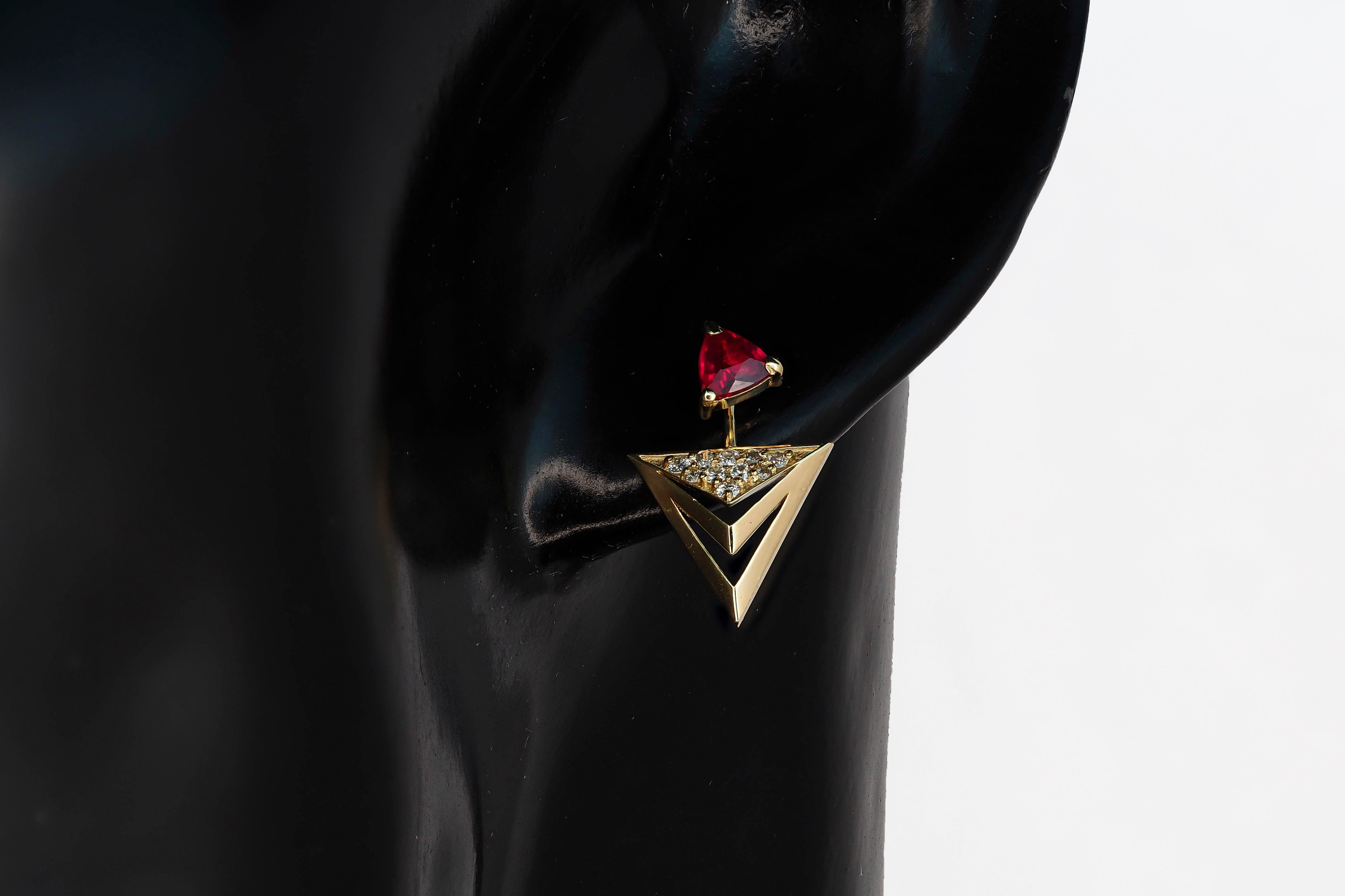 Trillion cut ruby stud earrings in 14k solid gold.  For Sale 1