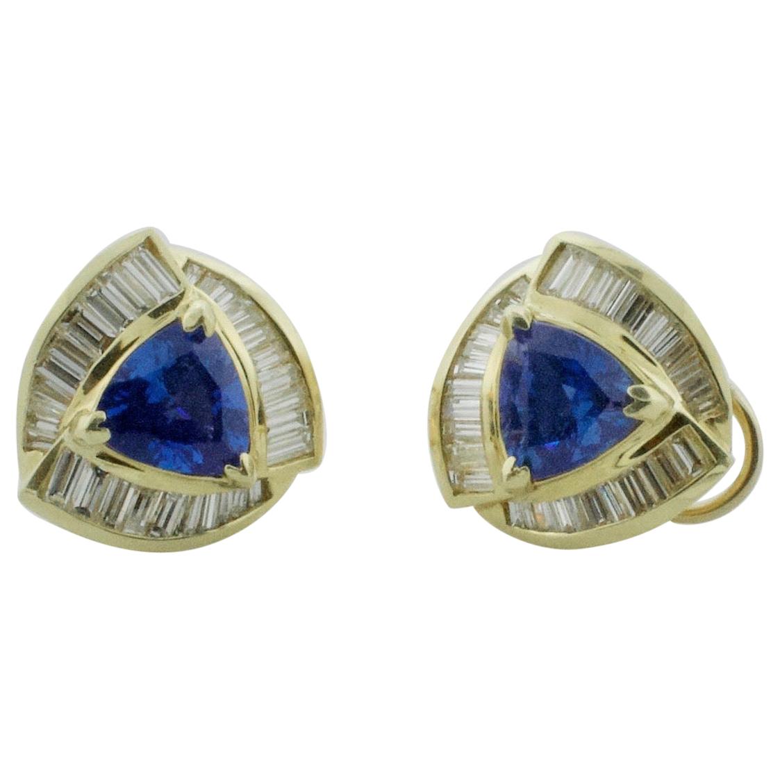 Trillion Cut Sapphire and Diamond Earrings in 18 Karat