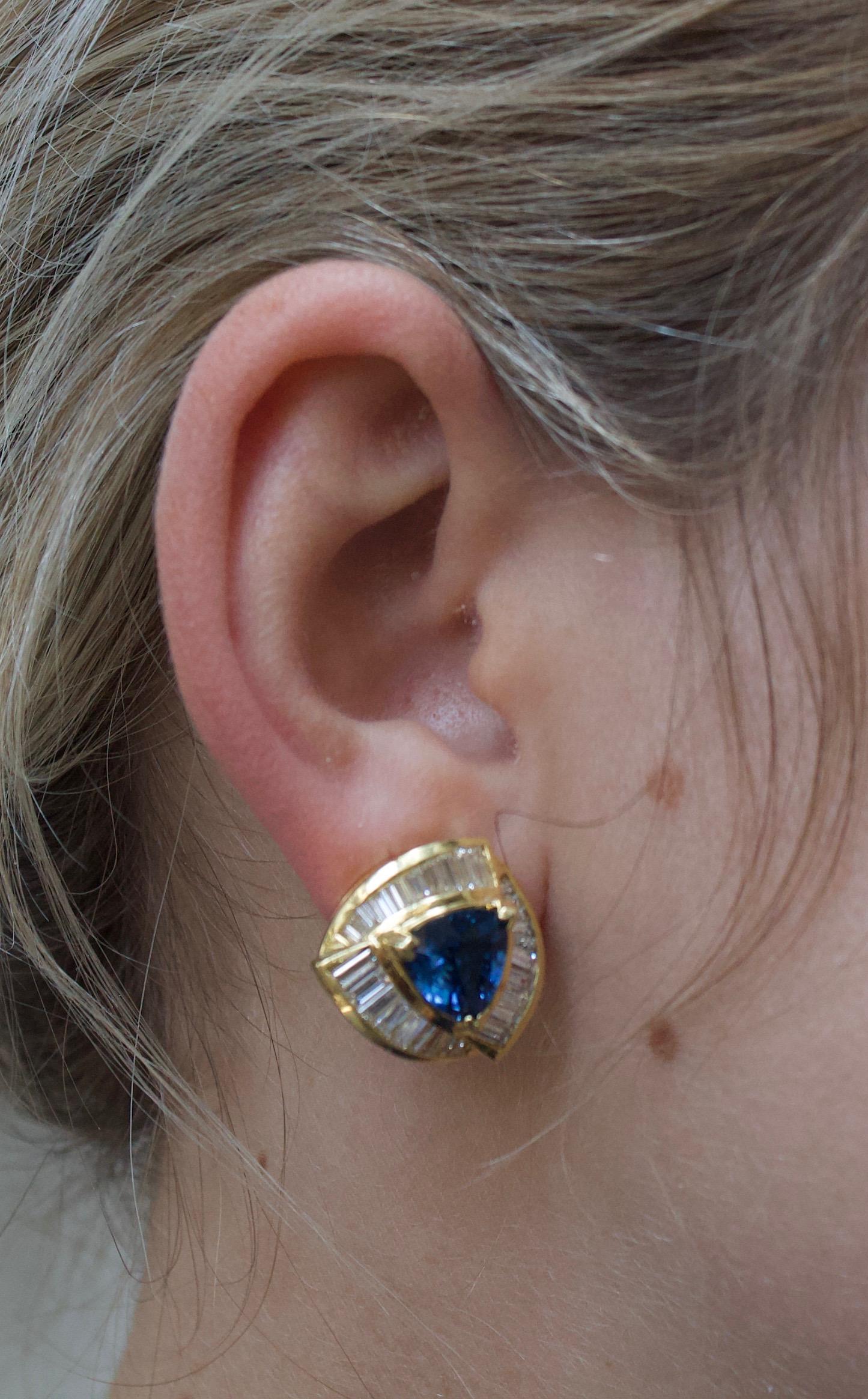 Women's or Men's Trillion Cut Sapphire and Diamond Earrings in 18 Karat