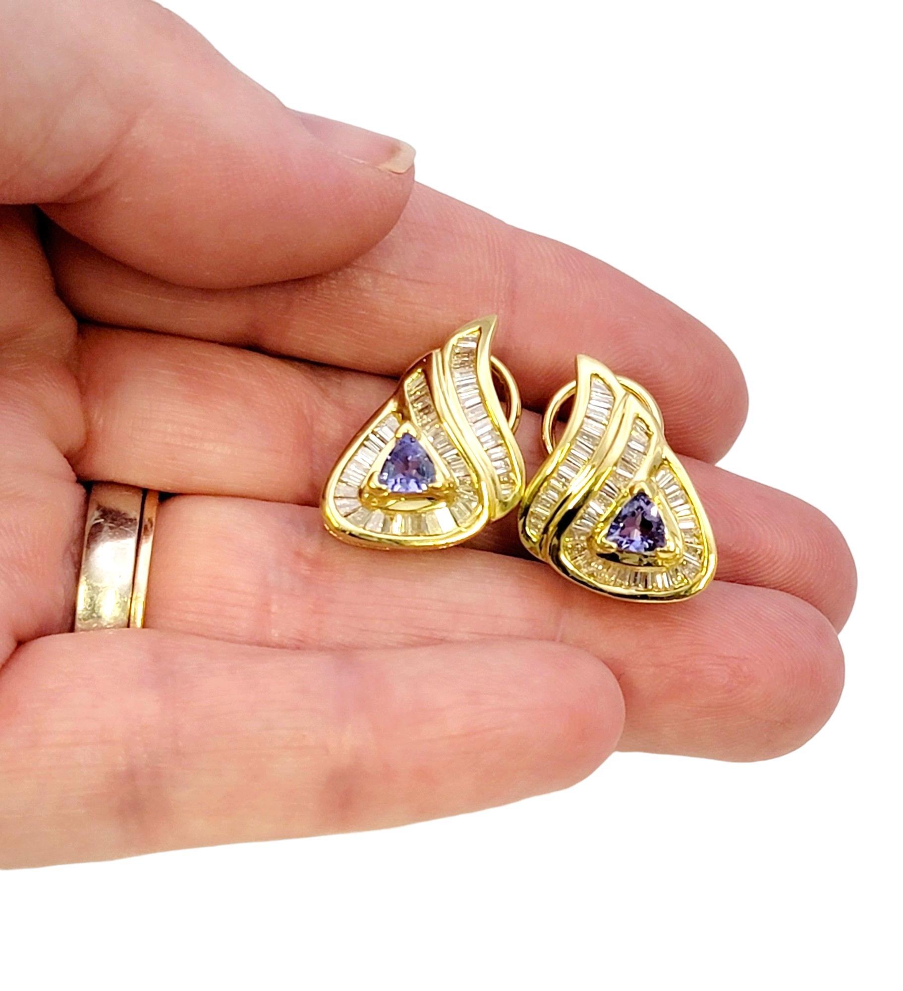 Trillion Cut Tanzanite and Baguette Diamond Teardrop Earings in Yellow Gold For Sale 5