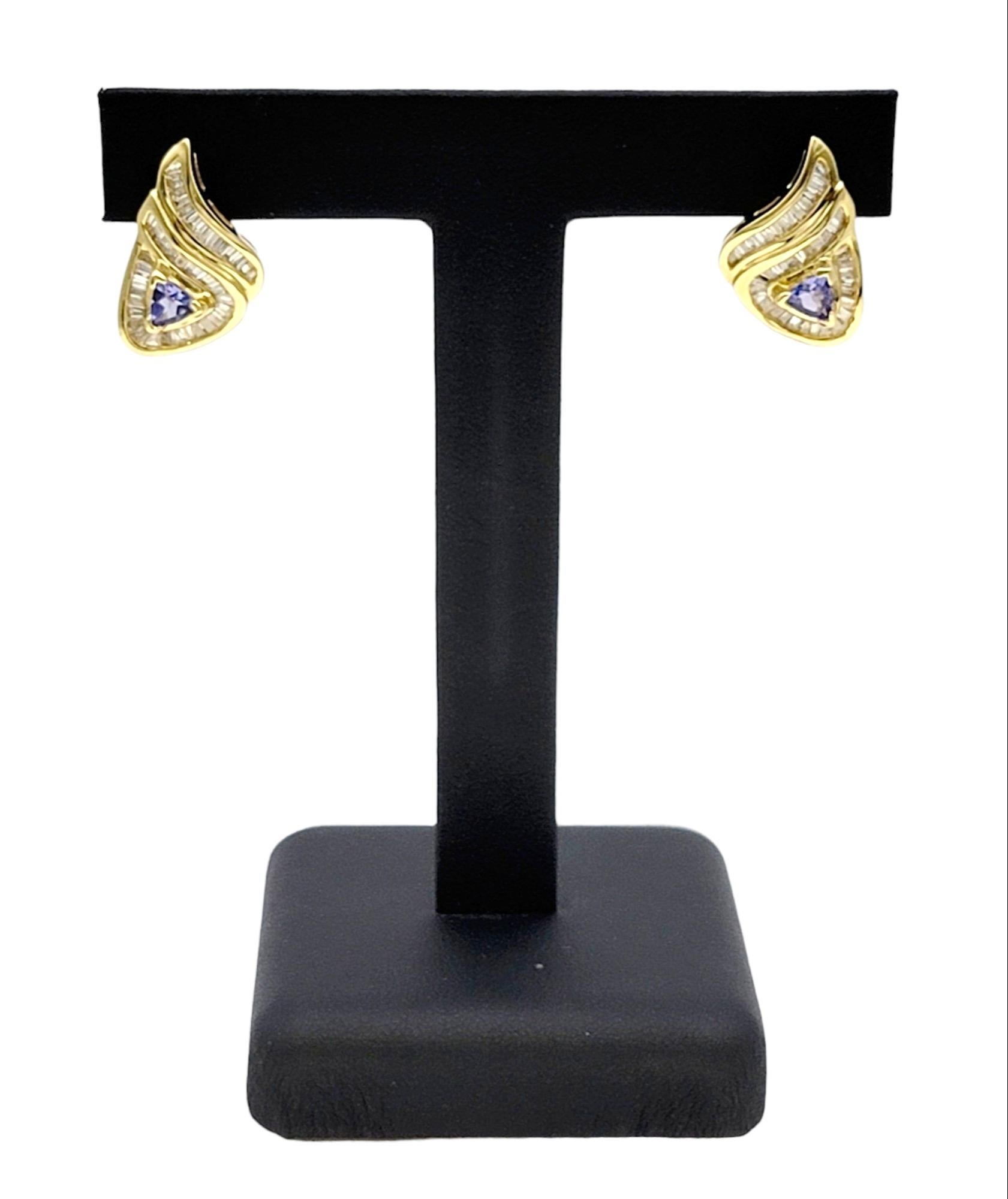 Trillion Cut Tanzanite and Baguette Diamond Teardrop Earings in Yellow Gold  For Sale 9