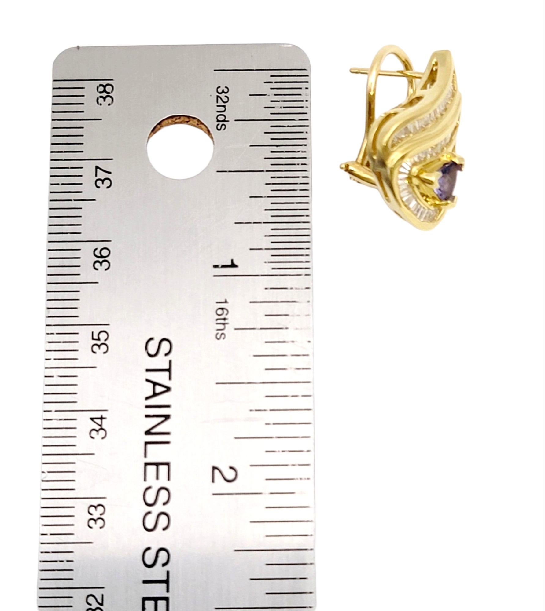 Trillion Cut Tanzanite and Baguette Diamond Teardrop Earings in Yellow Gold  For Sale 10