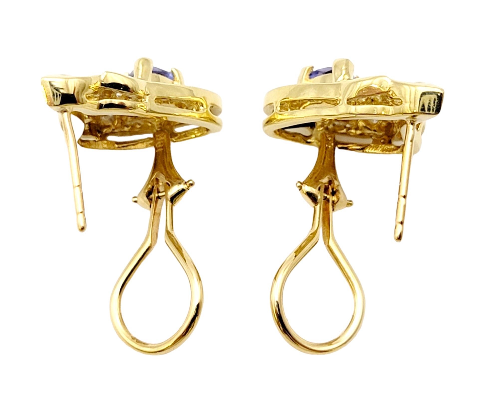 Women's Trillion Cut Tanzanite and Baguette Diamond Teardrop Earings in Yellow Gold  For Sale